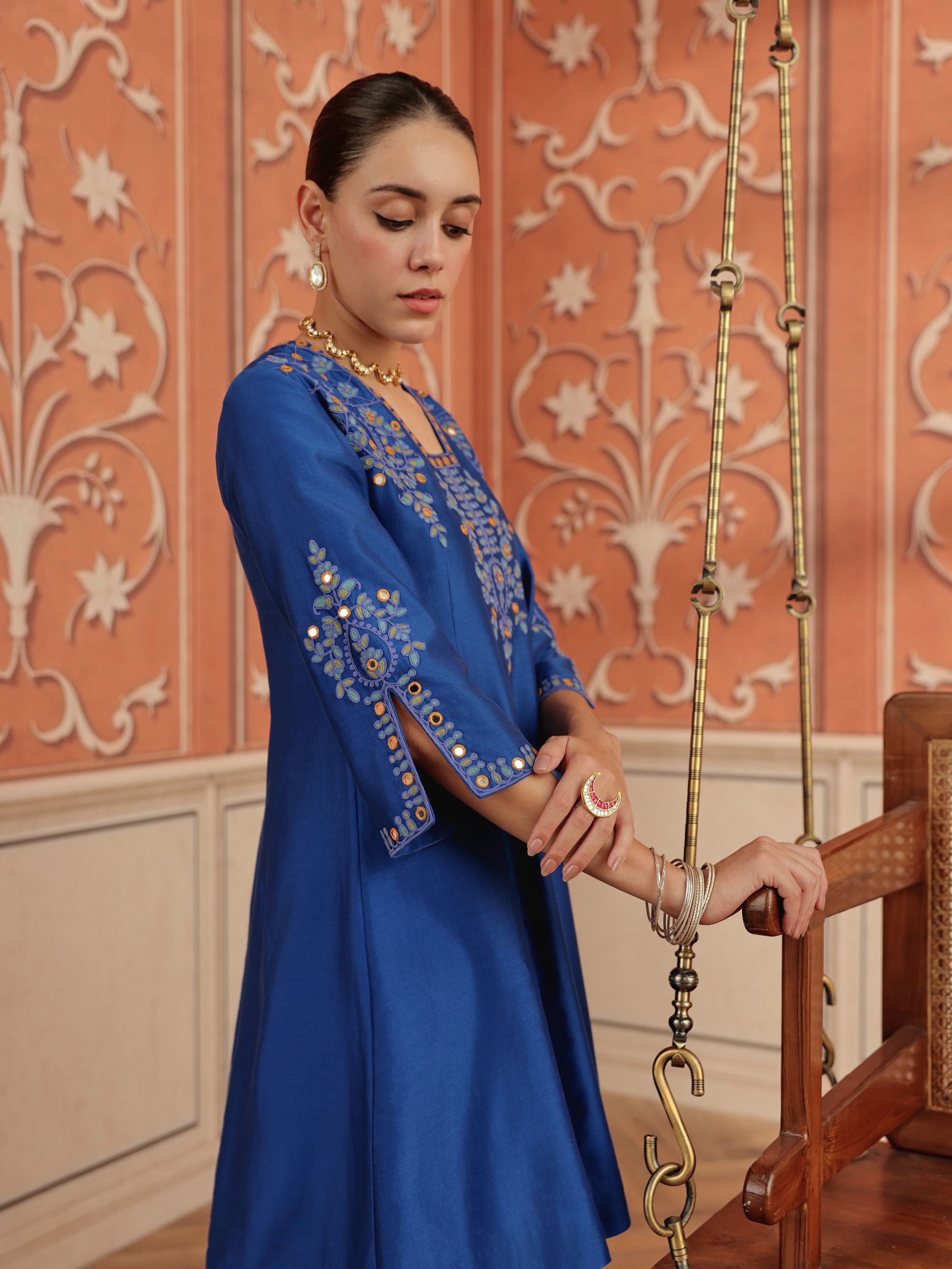 Zora Royal Blue Mirror Work Silk Chanderi Handcrafted A-Line Kurta Set
