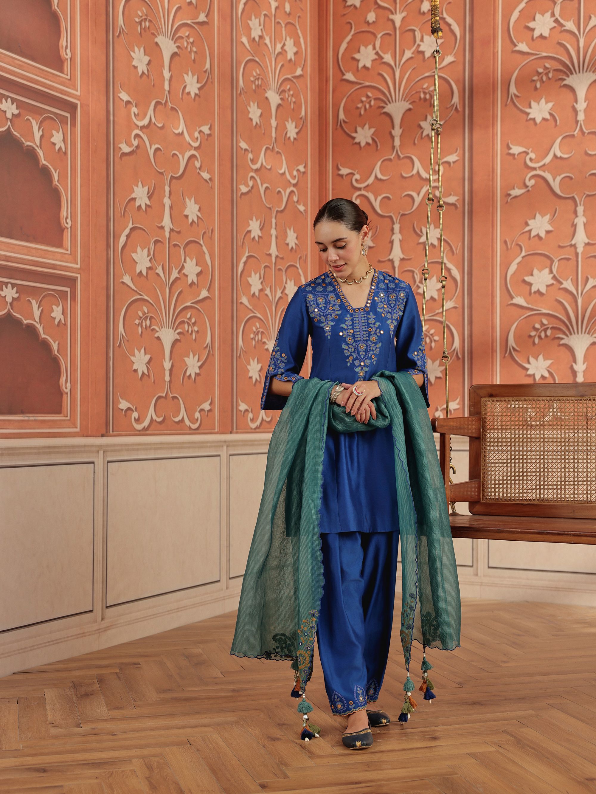 Zora Royal Blue Mirror Work Silk Chanderi Handcrafted A-Line Kurta Set