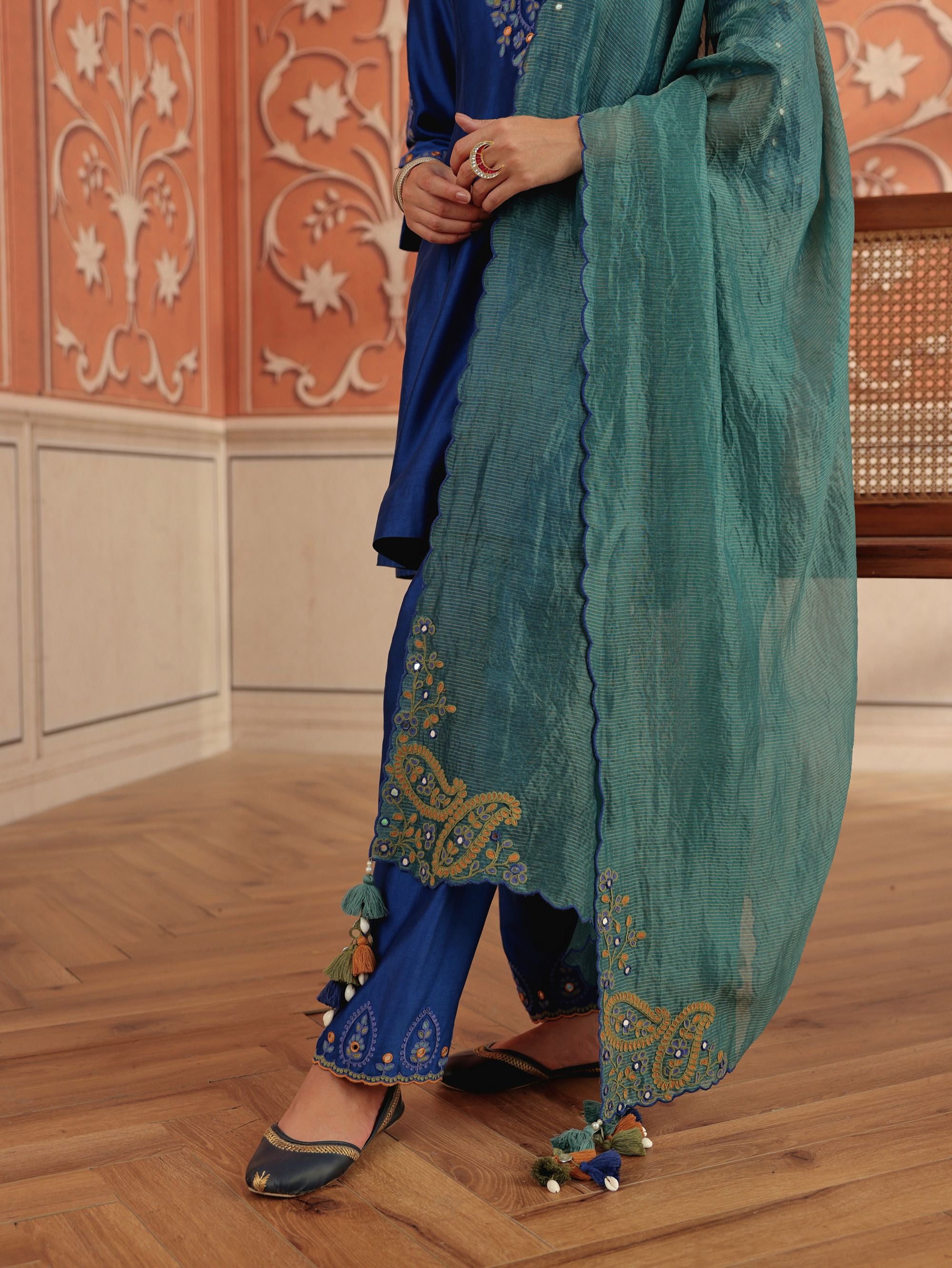 Zora Royal Blue Mirror Work Silk Chanderi Handcrafted A-Line Kurta Set