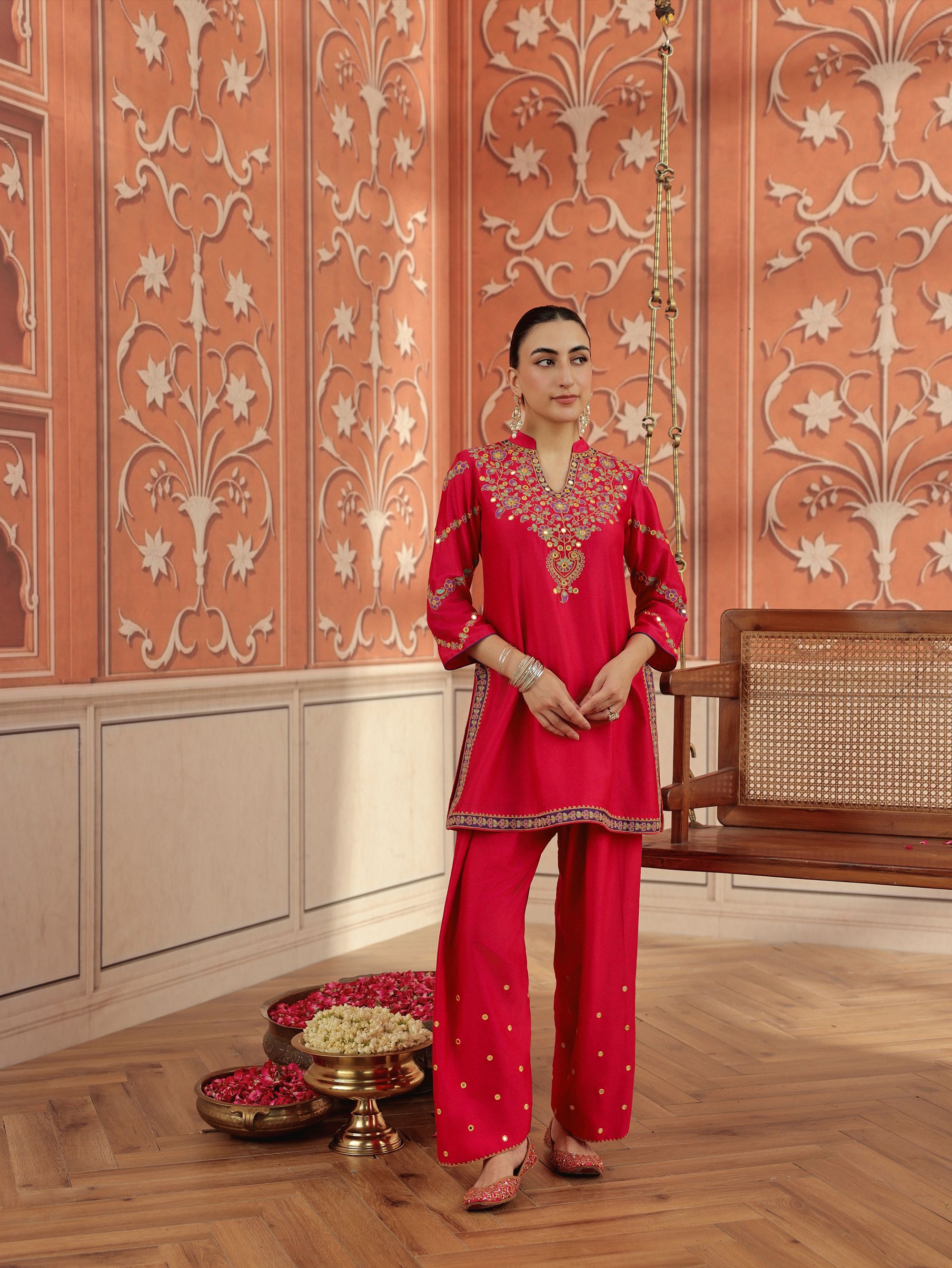 Rasa Ruby Pink Mirror Work Handcrafted Silk Chanderi Short Kurta Set with Farshi Salwar