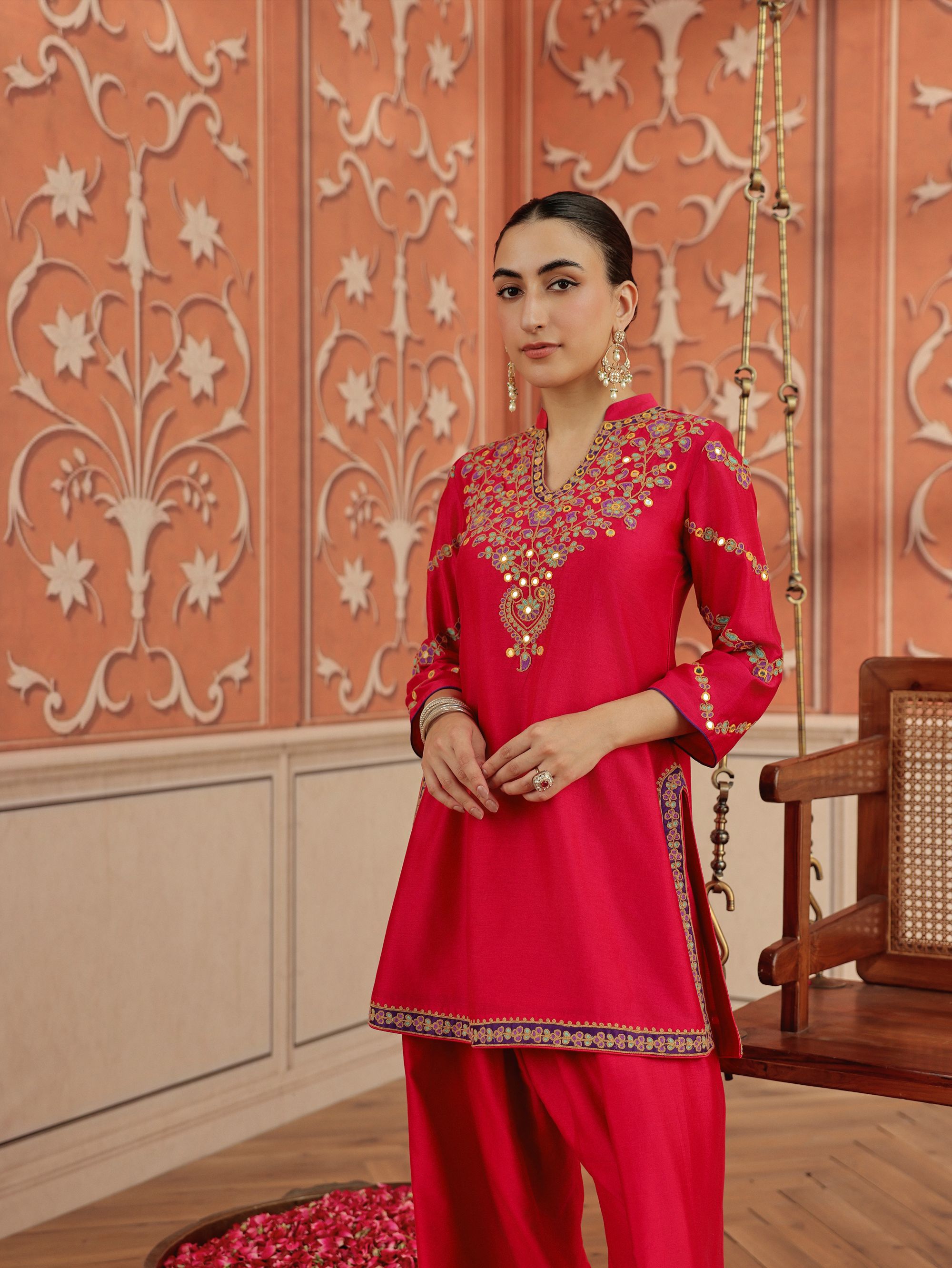 Rasa Ruby Pink Mirror Work Handcrafted Silk Chanderi Short Kurta Set with Farshi Salwar