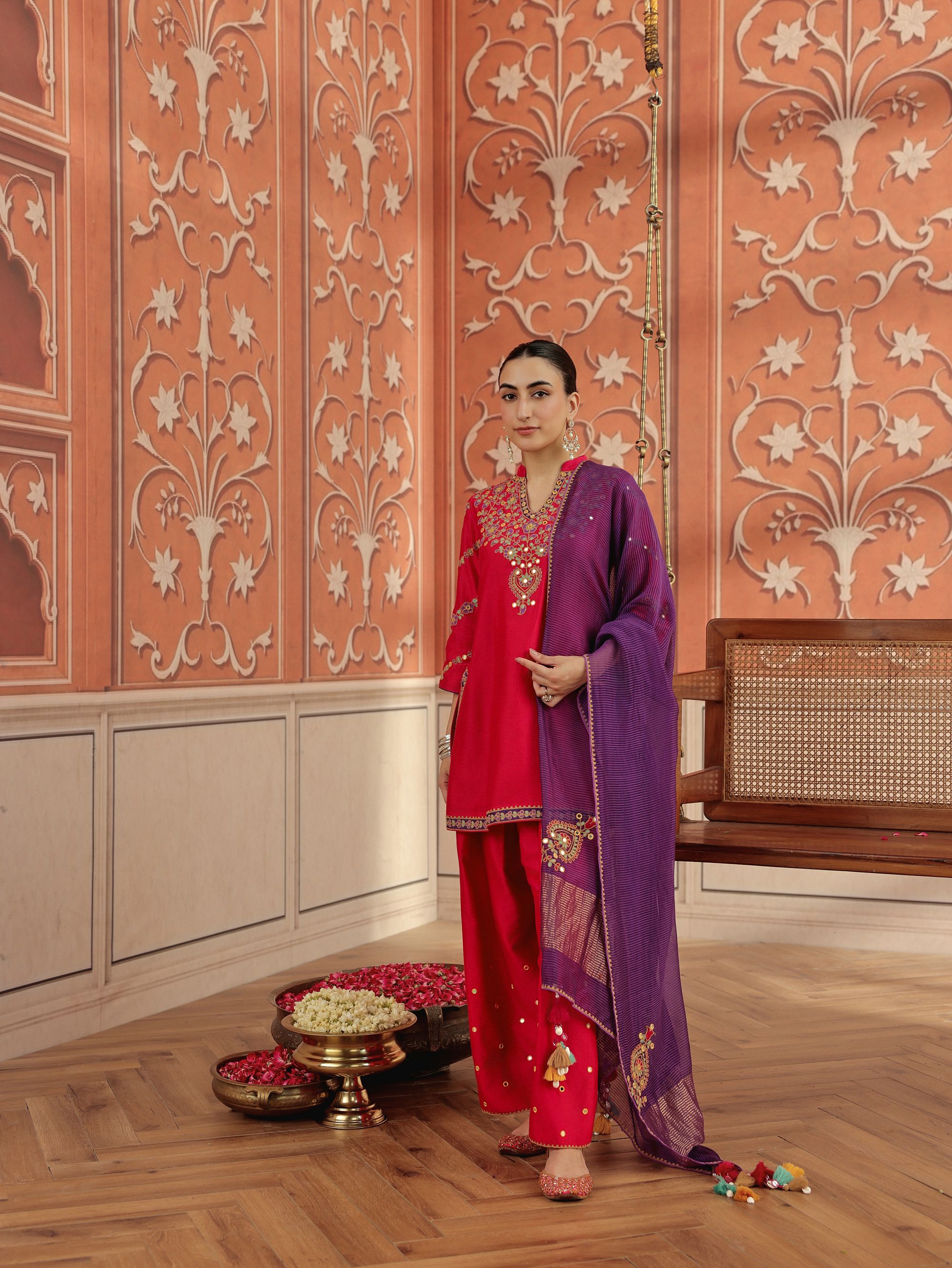 Rasa Ruby Pink Mirror Work Handcrafted Silk Chanderi Short Kurta Set with Farshi Salwar