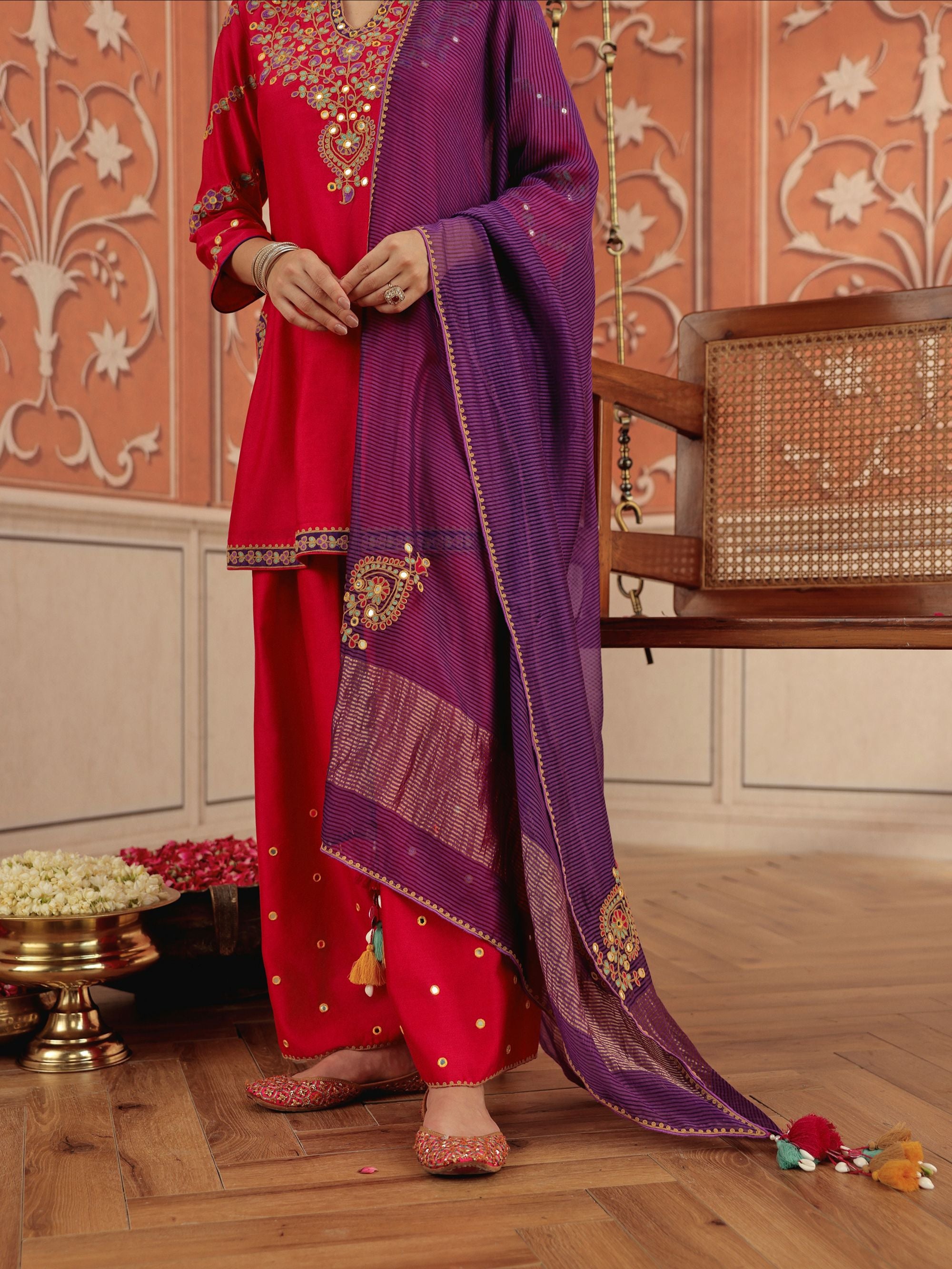 Rasa Ruby Pink Mirror Work Handcrafted Silk Chanderi Short Kurta Set with Farshi Salwar