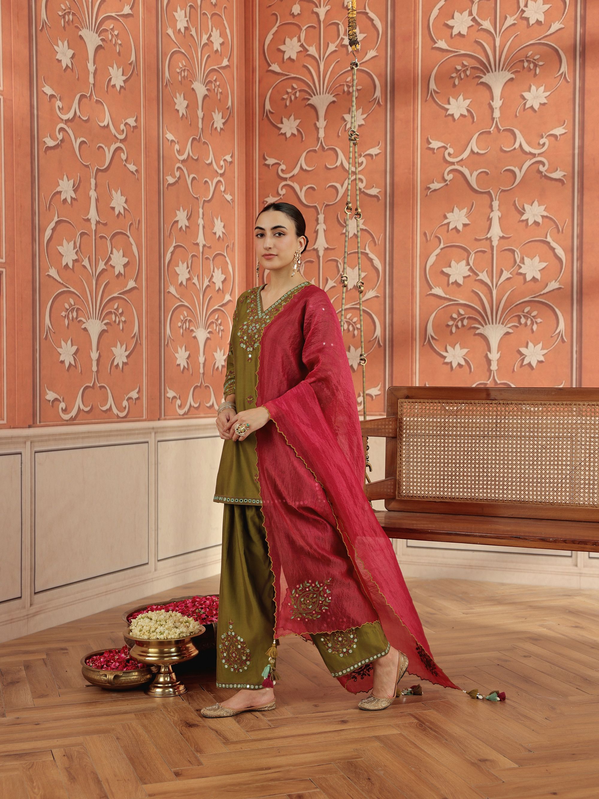 Arushi Olive Green Mirror Work Handcrafted Kurta Set With Farshi Salwar