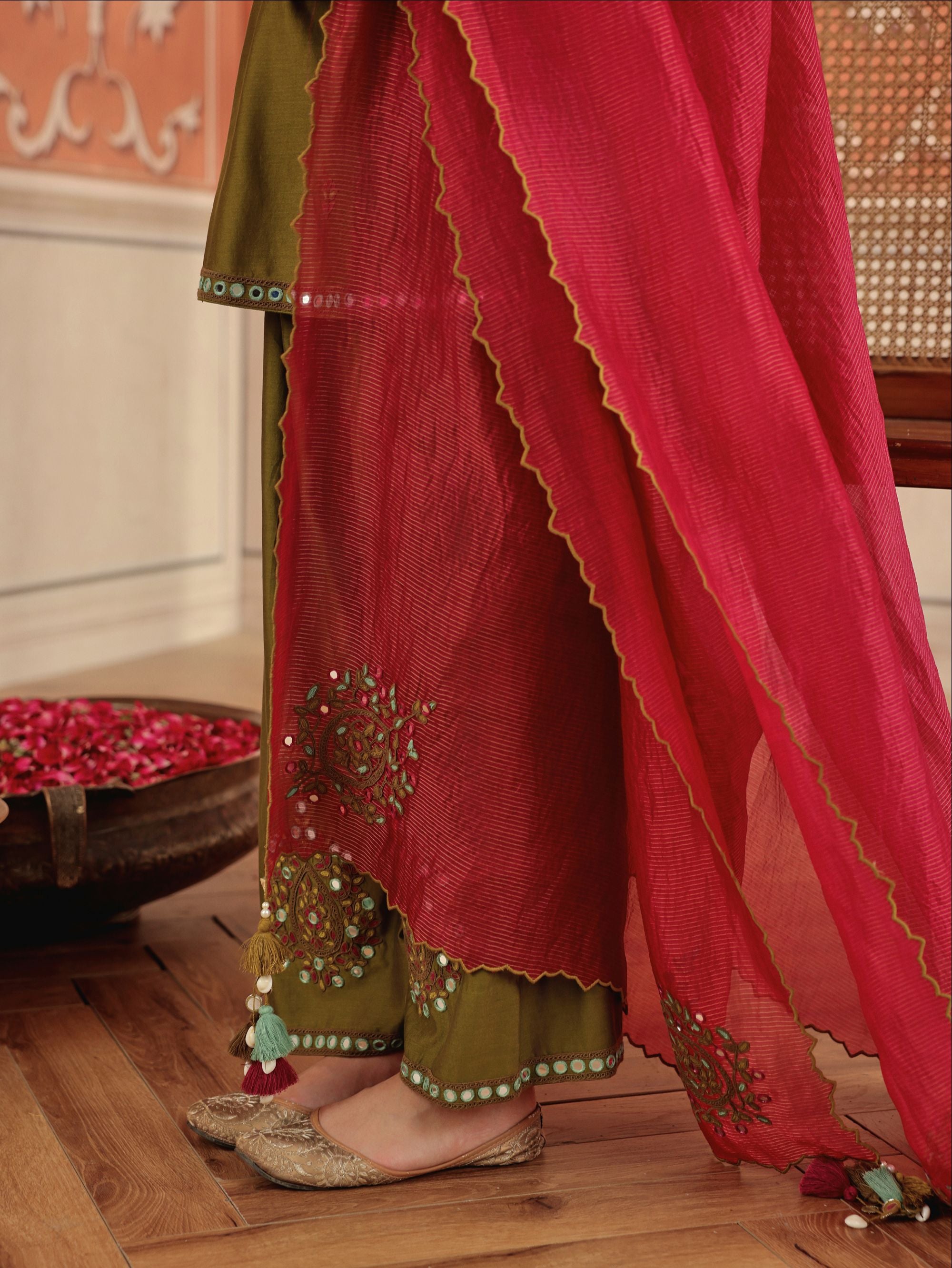 Arushi Olive Green Mirror Work Handcrafted Kurta Set With Farshi Salwar