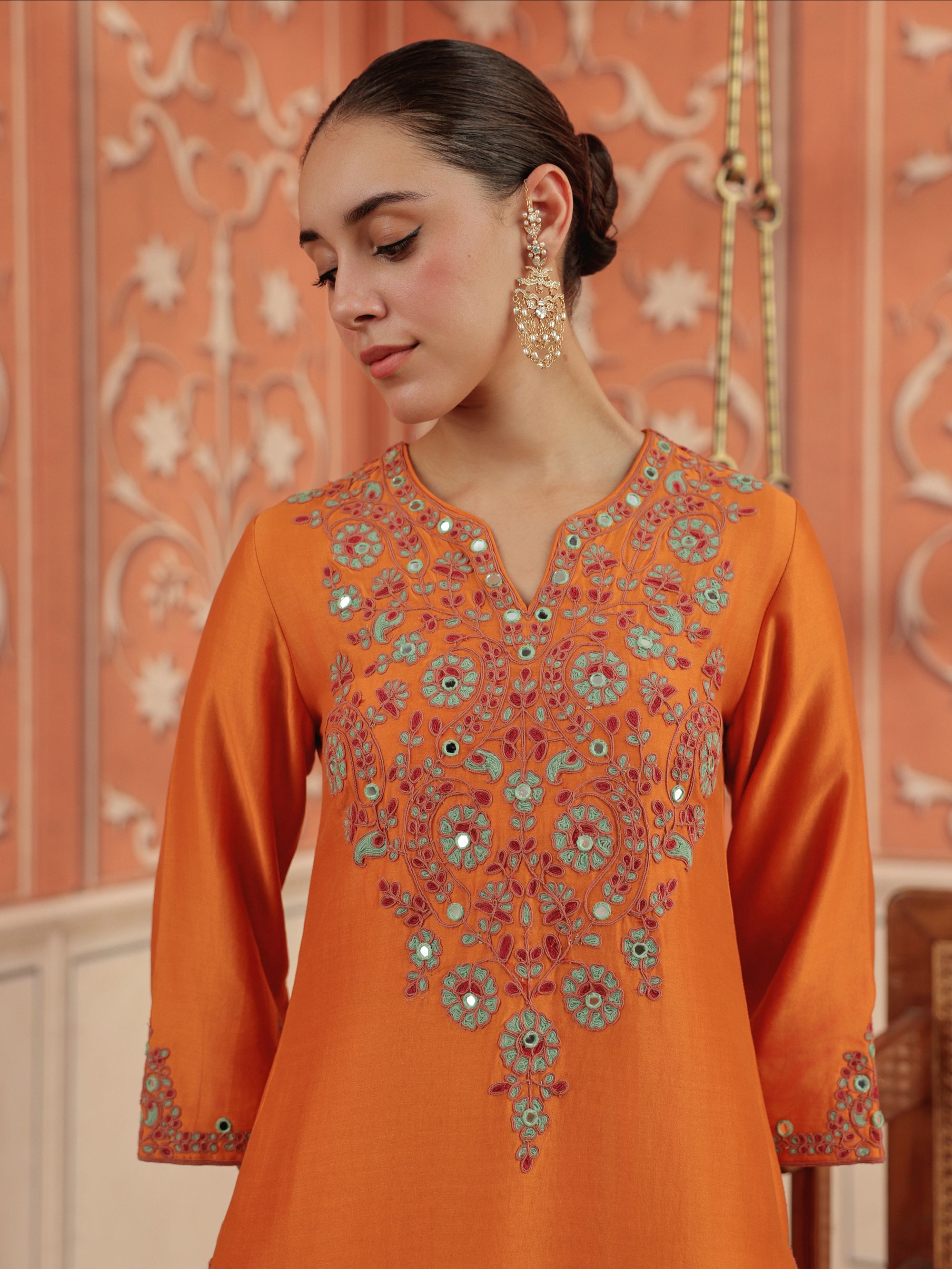 Veya Orange Mirror Work Silk Chanderi Handcrafted Kurta Set