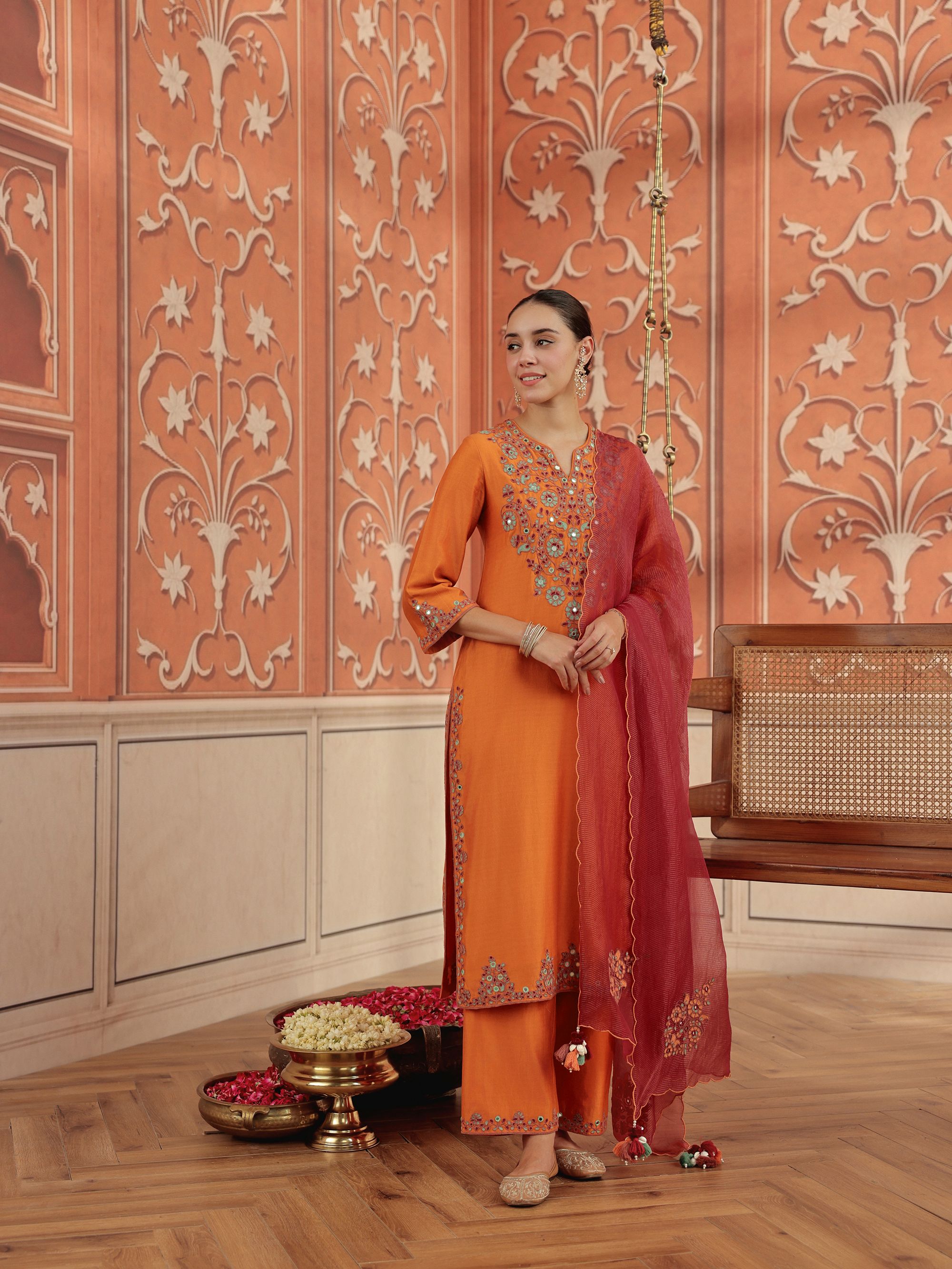 Veya Orange Mirror Work Silk Chanderi Handcrafted Kurta Set