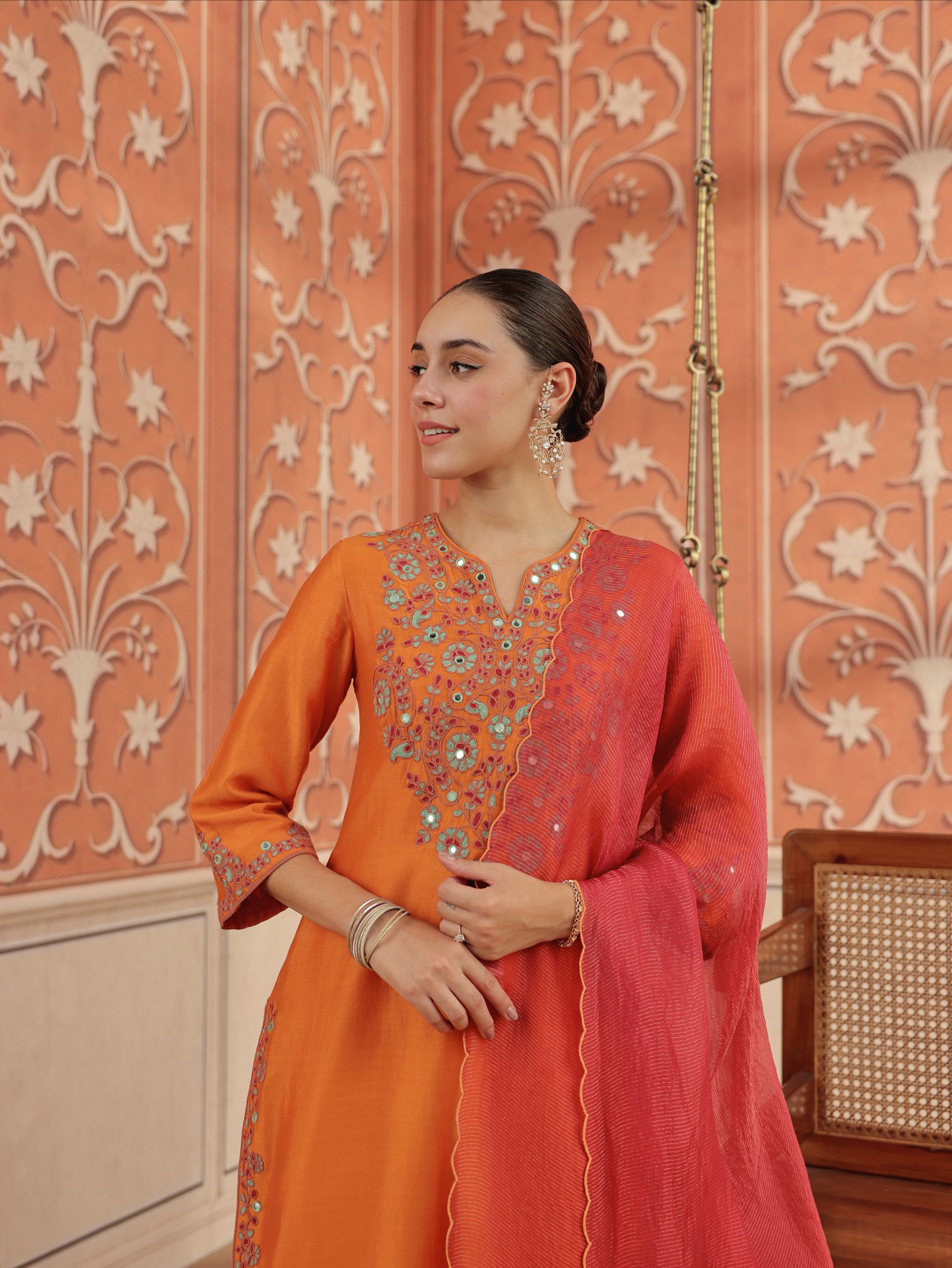 Veya Orange Mirror Work Silk Chanderi Handcrafted Kurta Set
