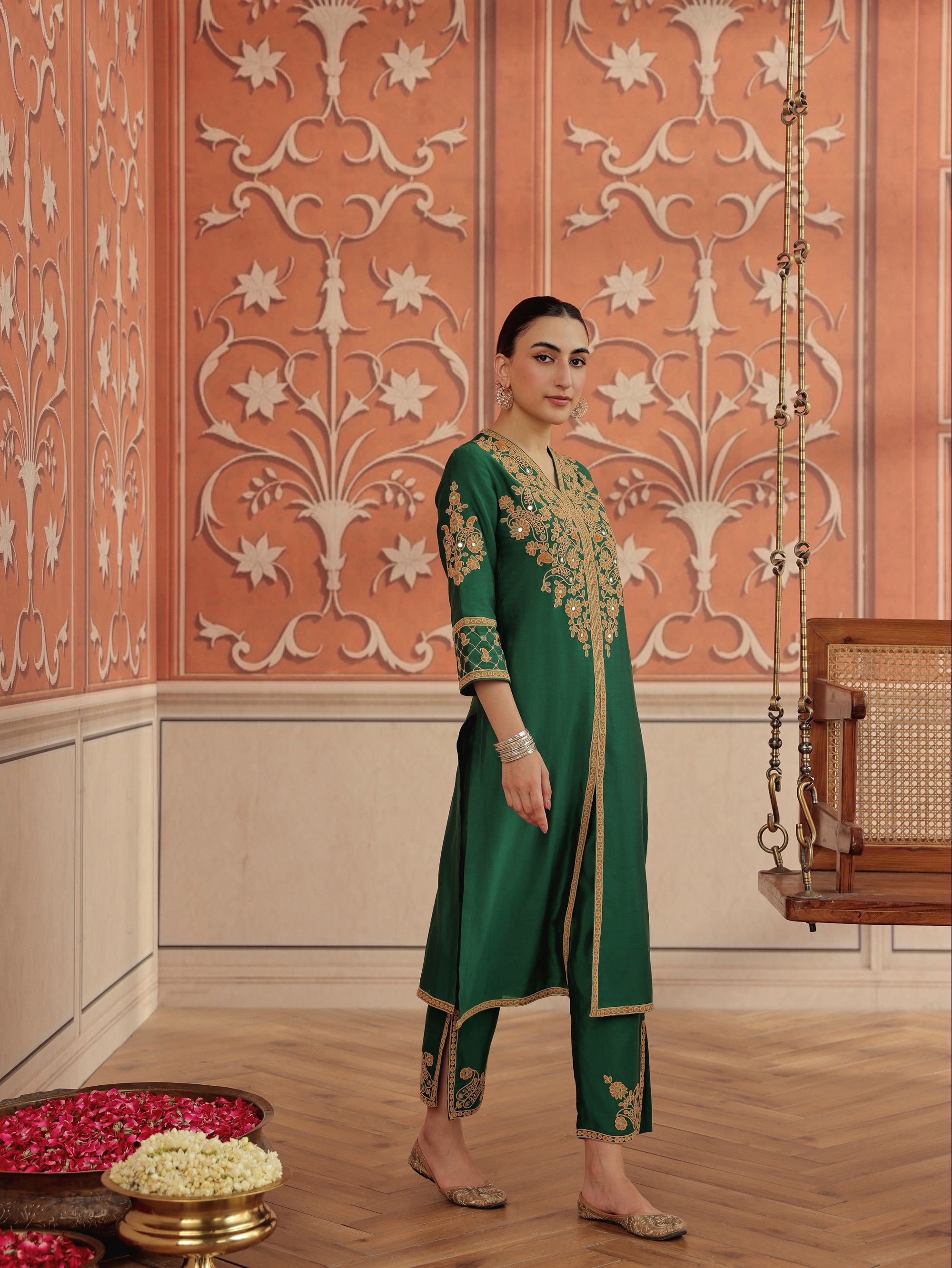 Veera Emerald Green Mirror Work Silk Chanderi Handcrafted Kurta Set