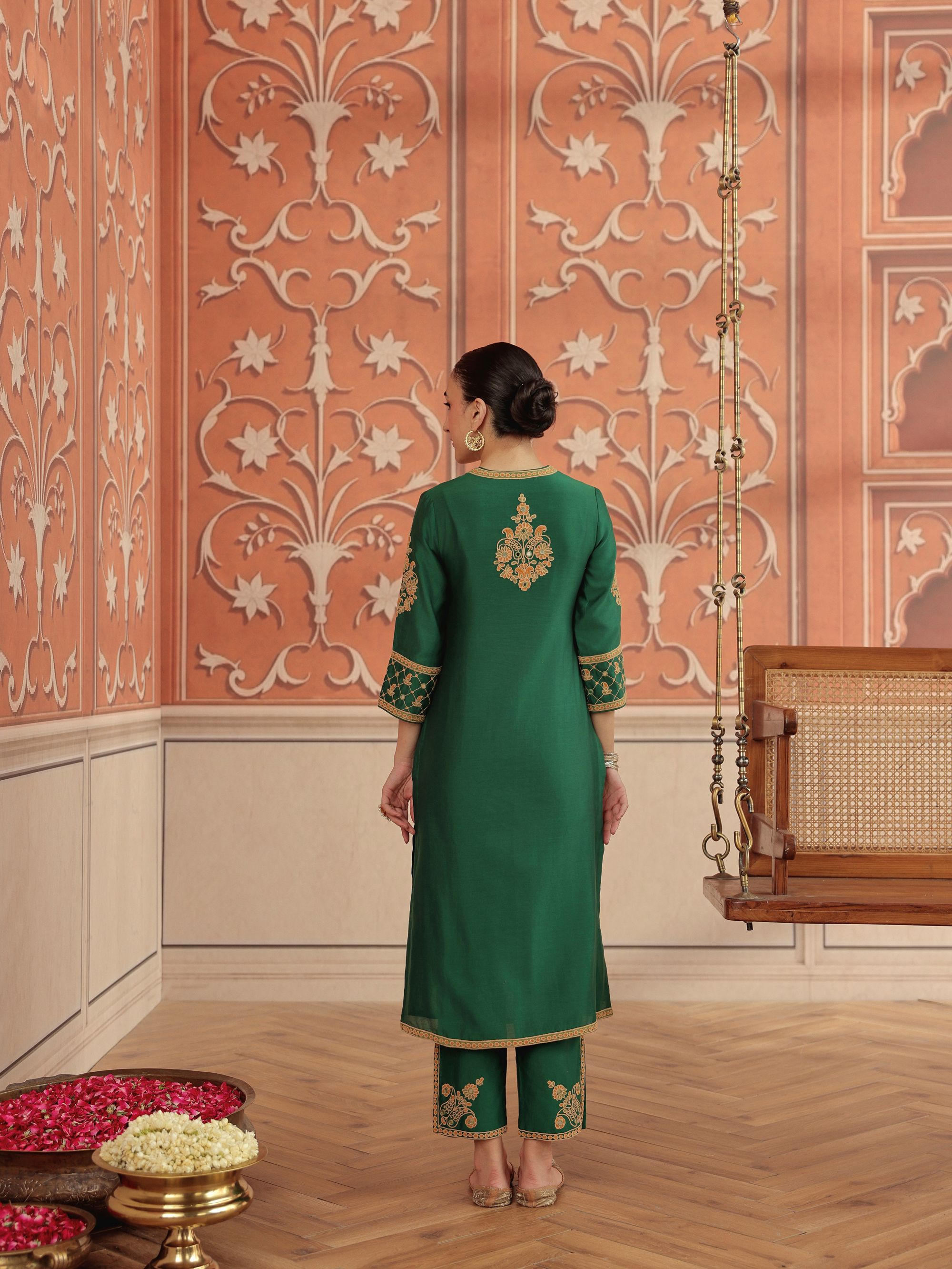 Veera Emerald Green Mirror Work Silk Chanderi Handcrafted Kurta Set