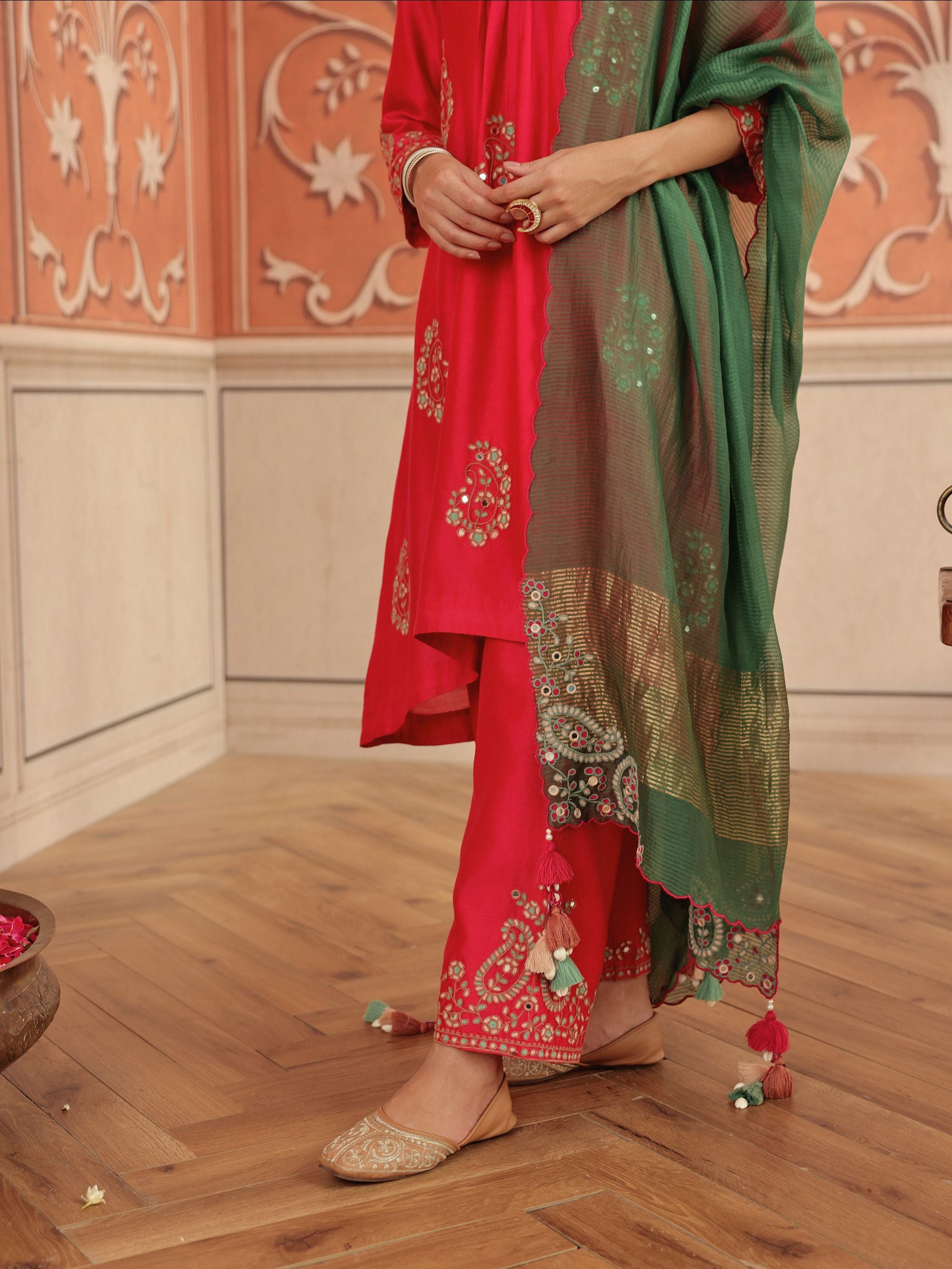Nira Ruby Pink Mirror Work Silk Chanderi Handcrafted Kurta Set