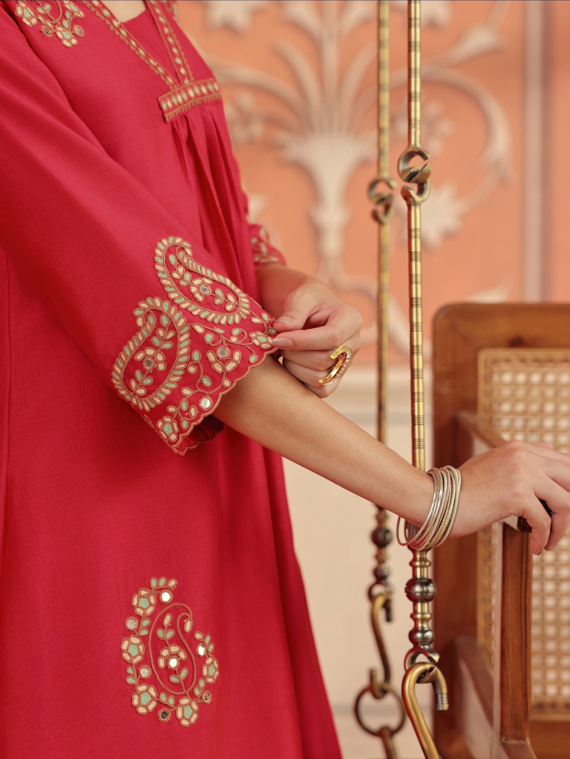 Nira Ruby Pink Mirror Work Silk Chanderi Handcrafted Kurta Set