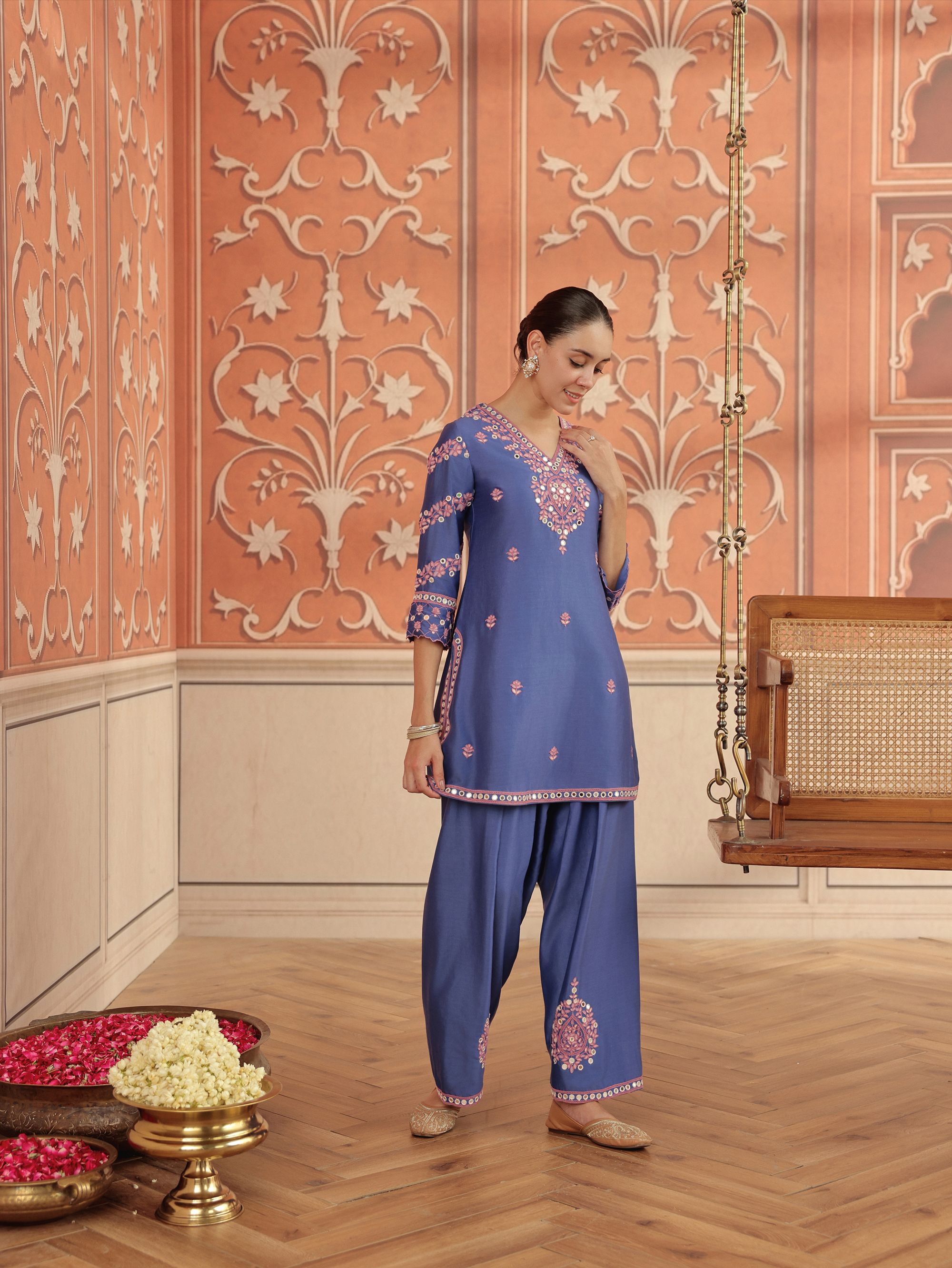 Arushi Blue Mirror Work Handcrafted Kurta Set With Farshi Salwar