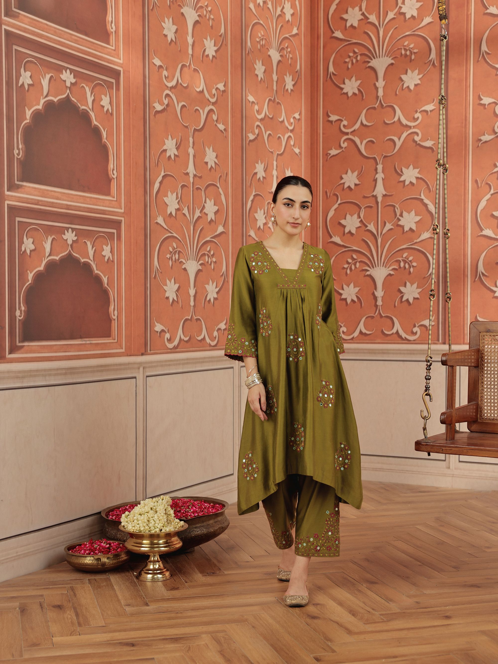 Nira Olive Green Mirror Work Silk Chanderi Handcrafted Kurta Set