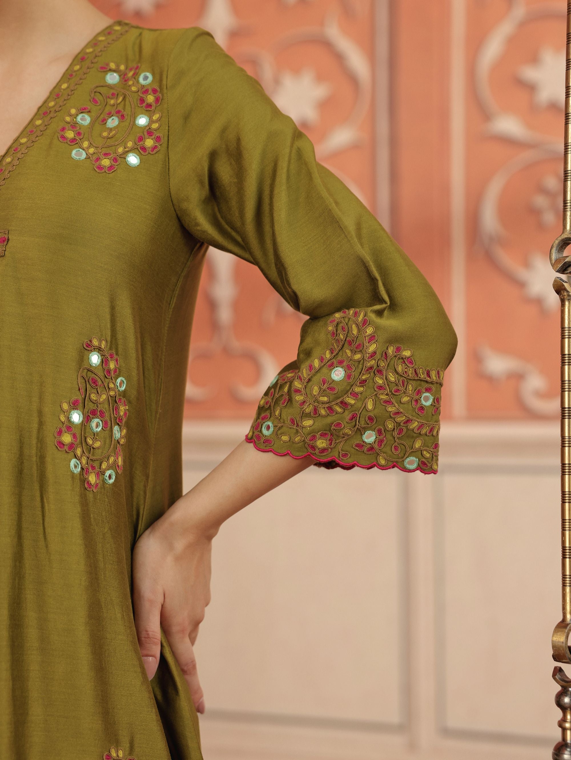 Nira Olive Green Mirror Work Silk Chanderi Handcrafted Kurta Set