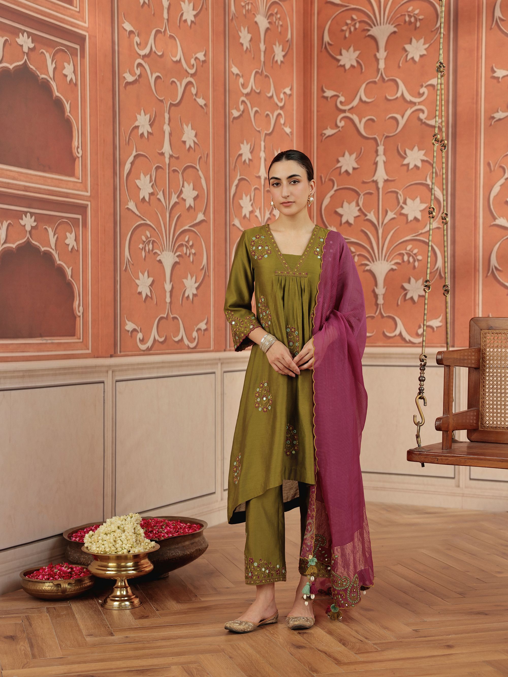 Nira Olive Green Mirror Work Silk Chanderi Handcrafted Kurta Set