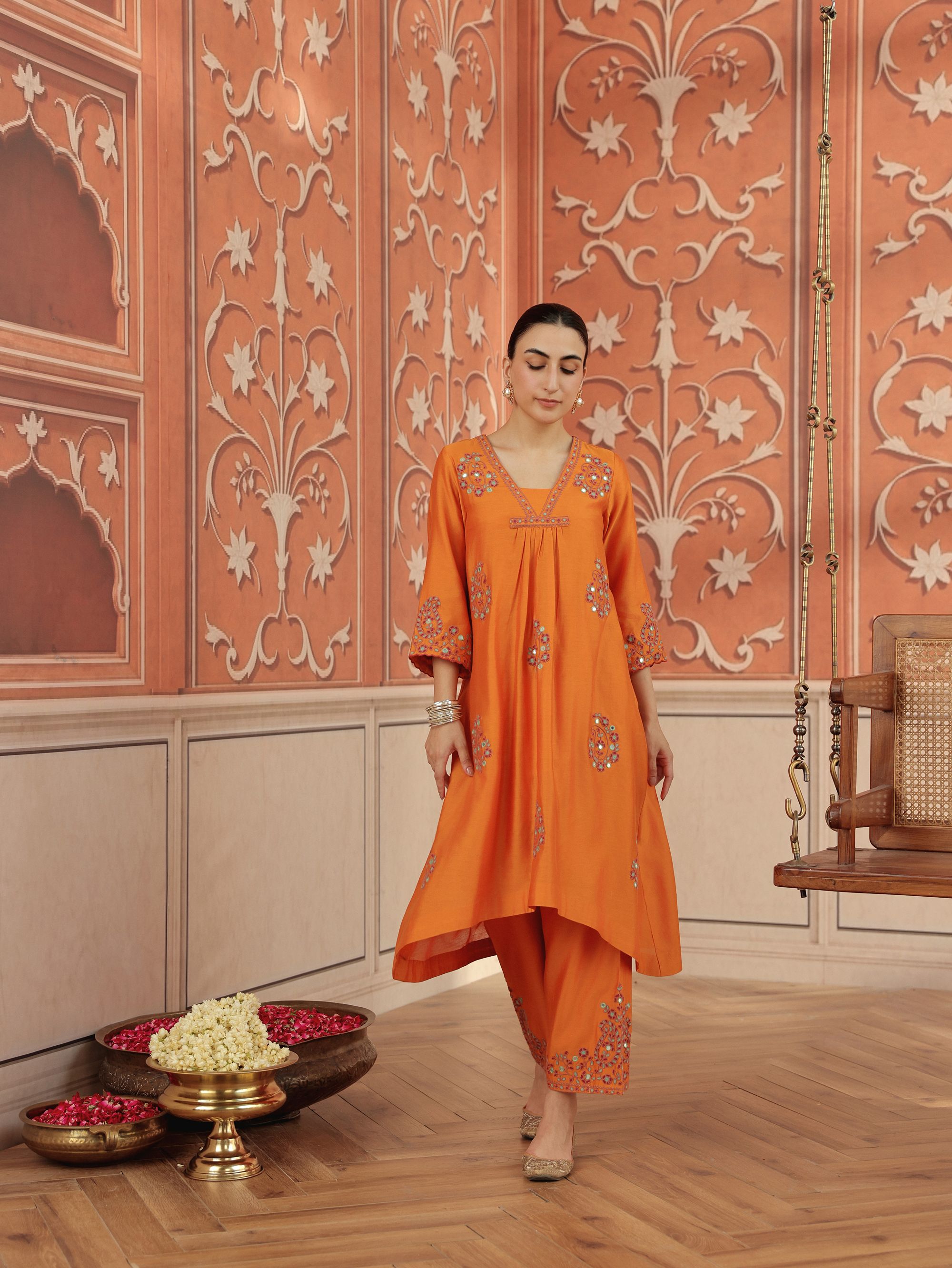 Nira Orange Mirror Work Silk Chanderi Handcrafted Kurta Set