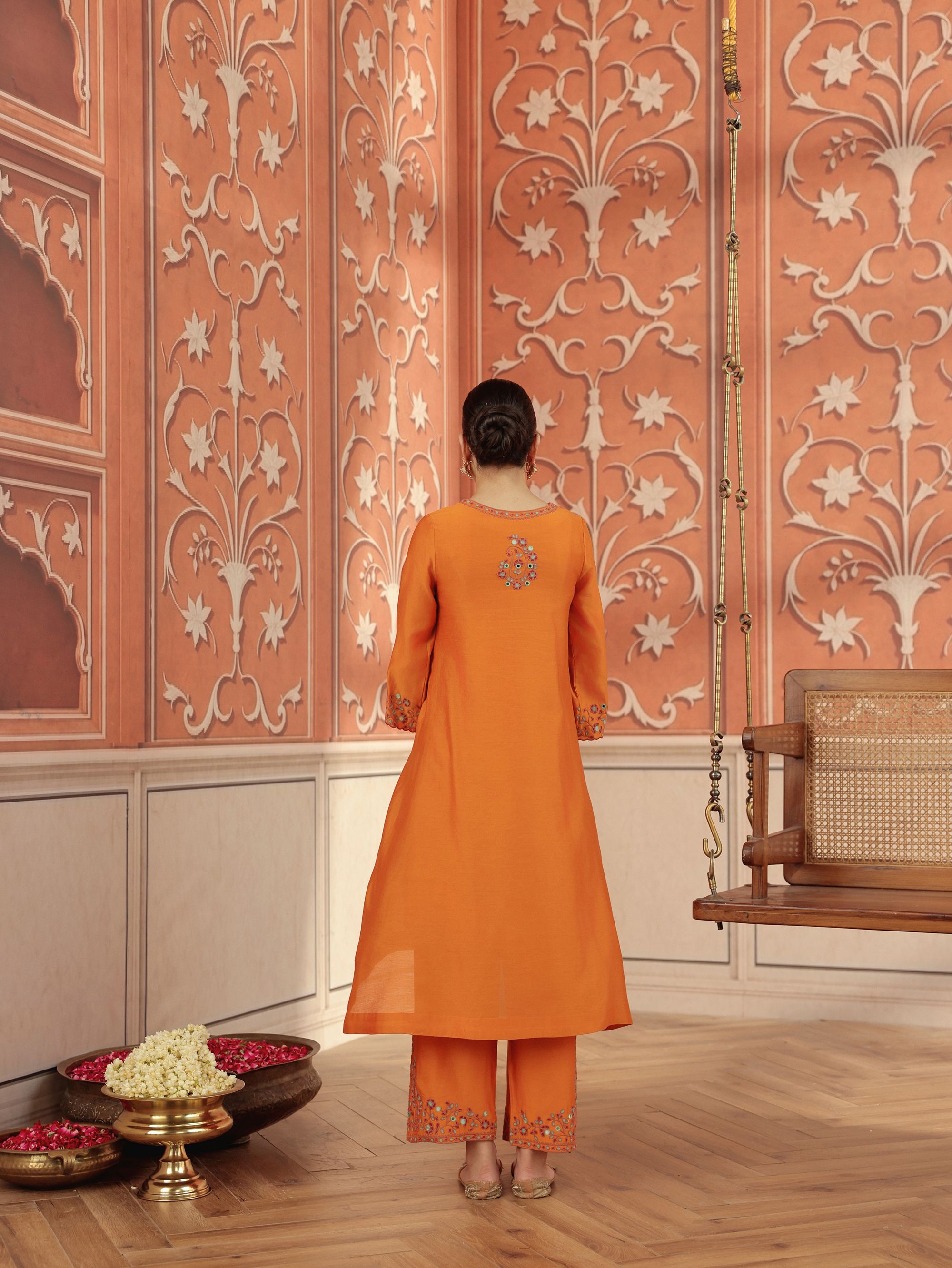 Nira Orange Mirror Work Silk Chanderi Handcrafted Kurta Set