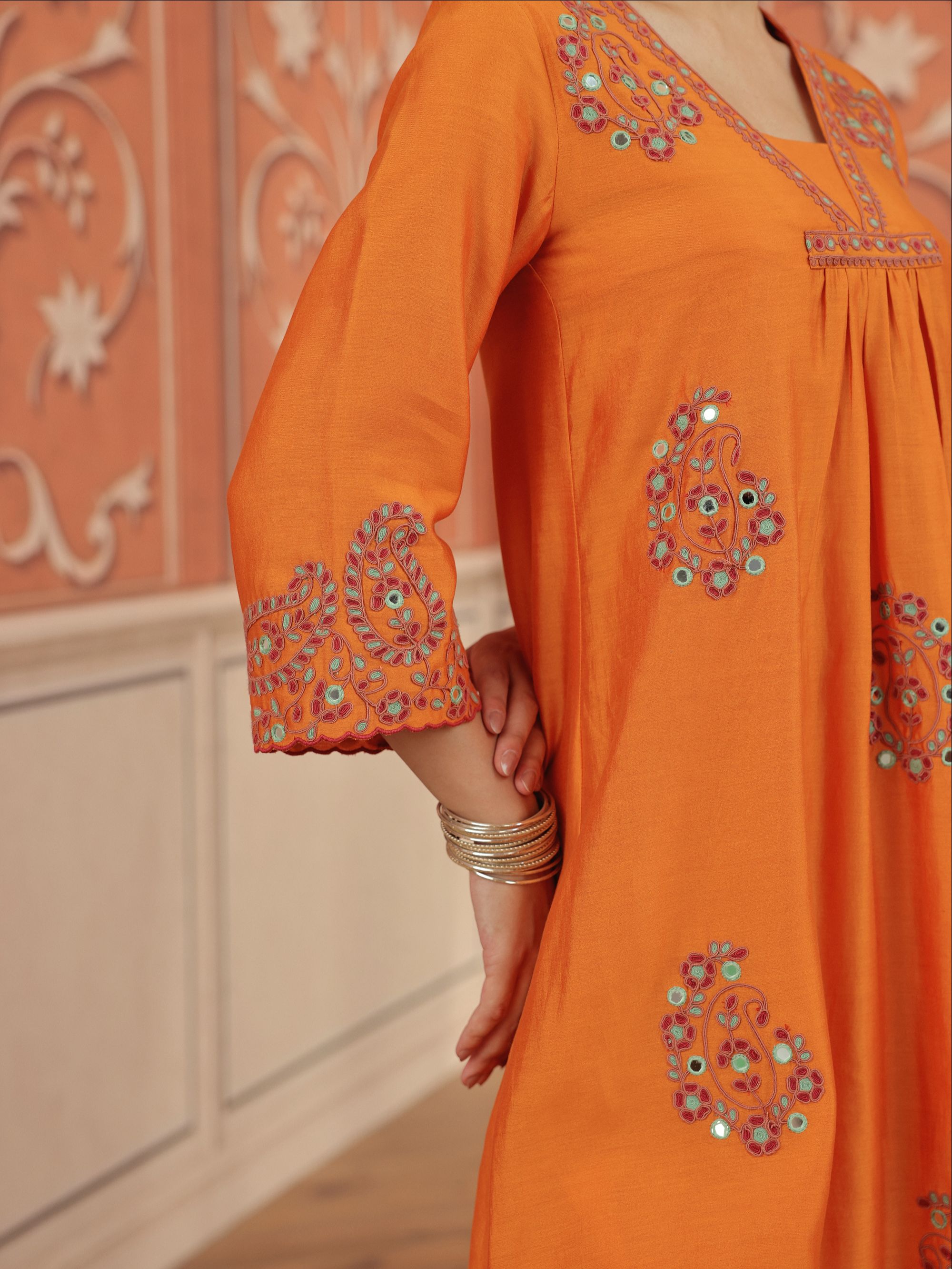 Nira Orange Mirror Work Silk Chanderi Handcrafted Kurta Set