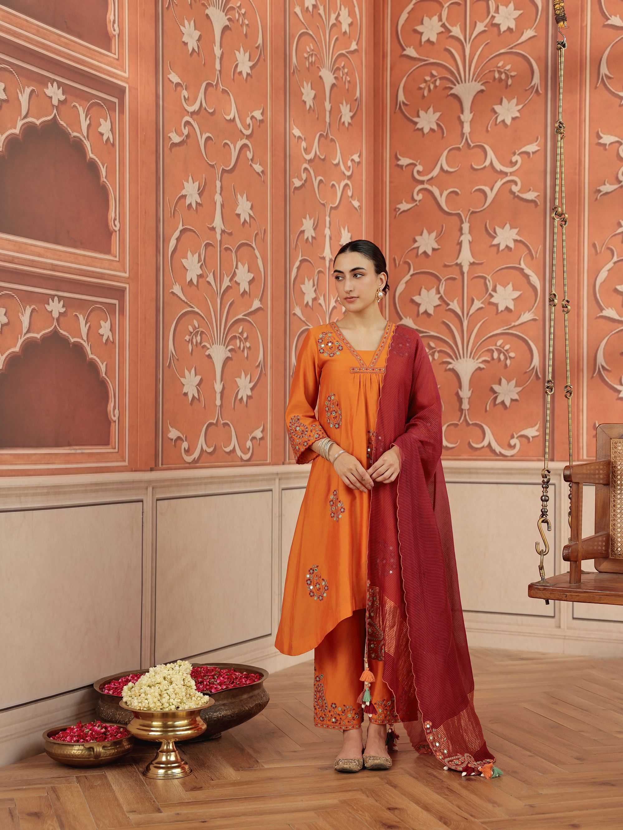Nira Orange Mirror Work Silk Chanderi Handcrafted Kurta Set