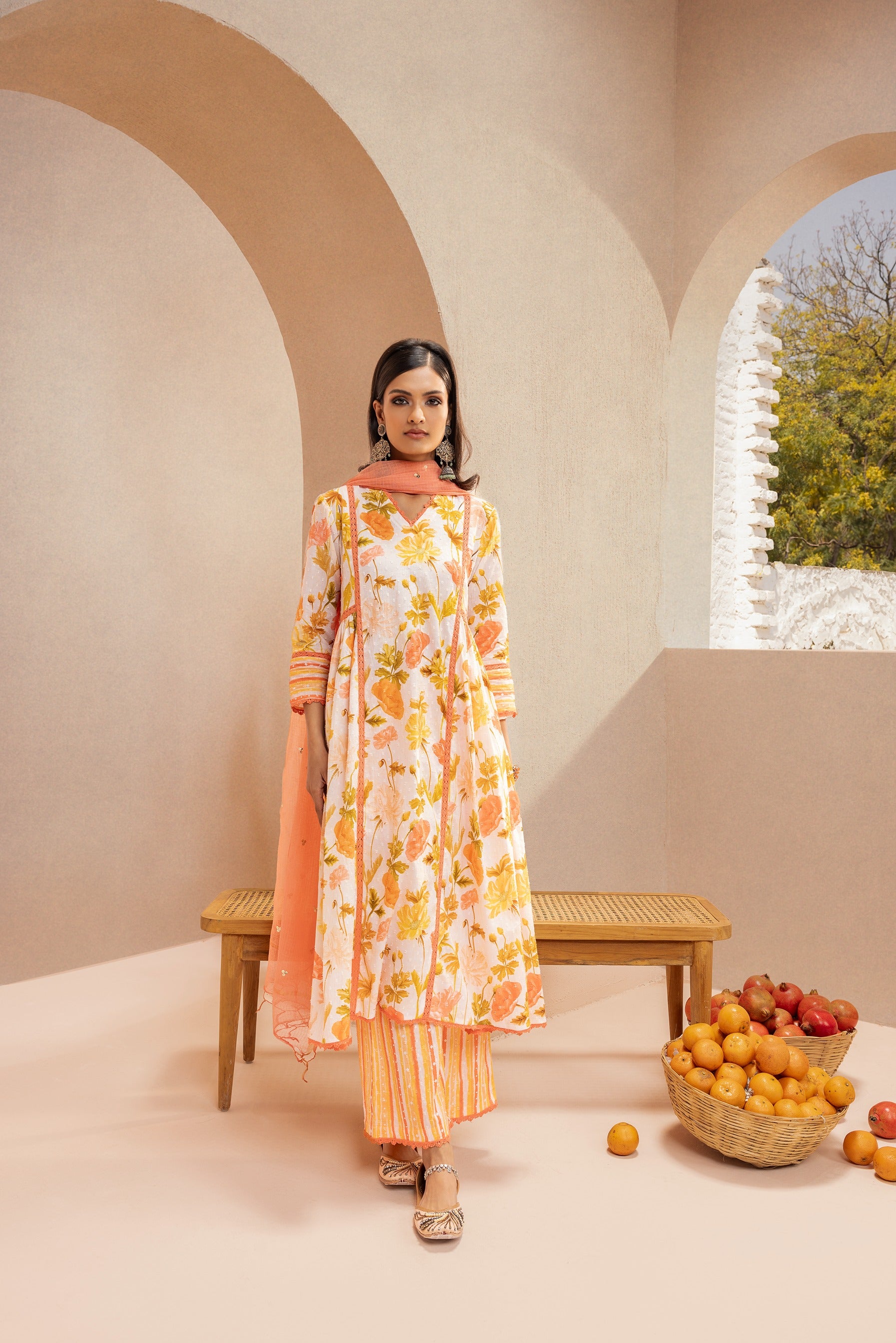 HEER ORANGE FLORAL PRINTED COTTON DOBBY HANDCRAFTED KURTA SET