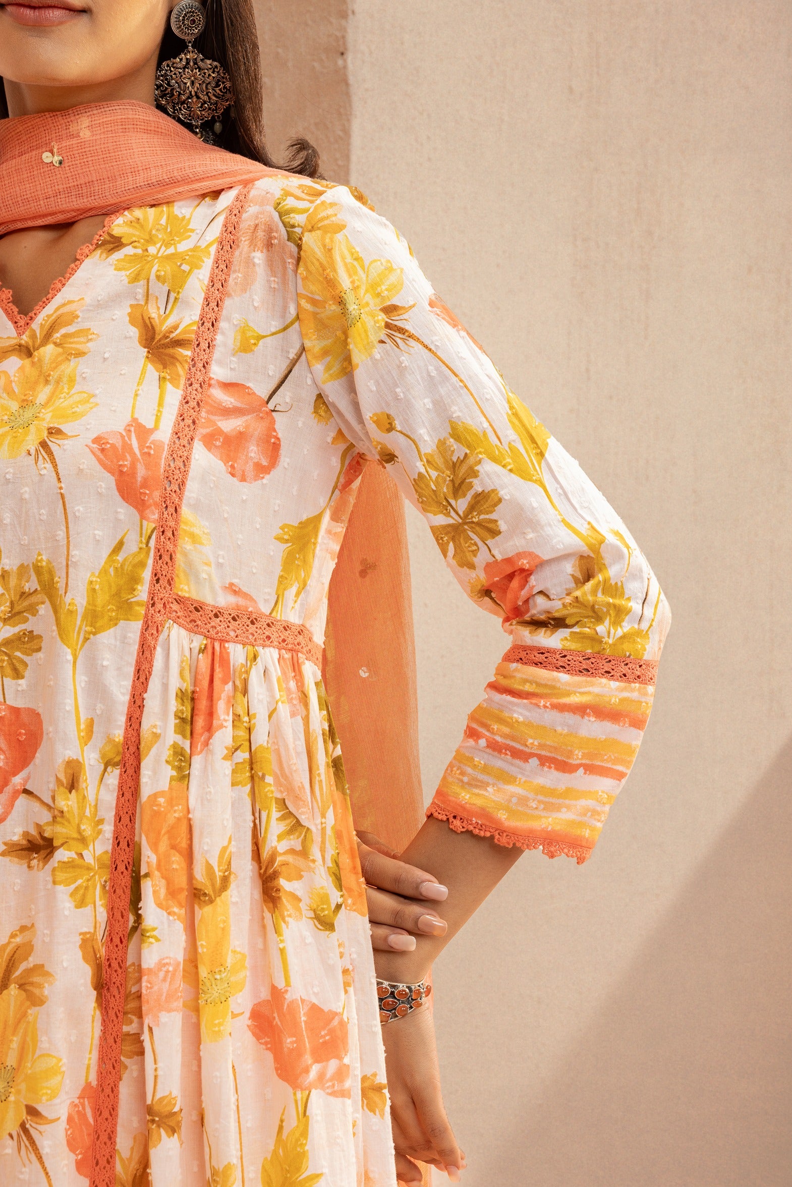 HEER ORANGE FLORAL PRINTED COTTON DOBBY HANDCRAFTED KURTA SET