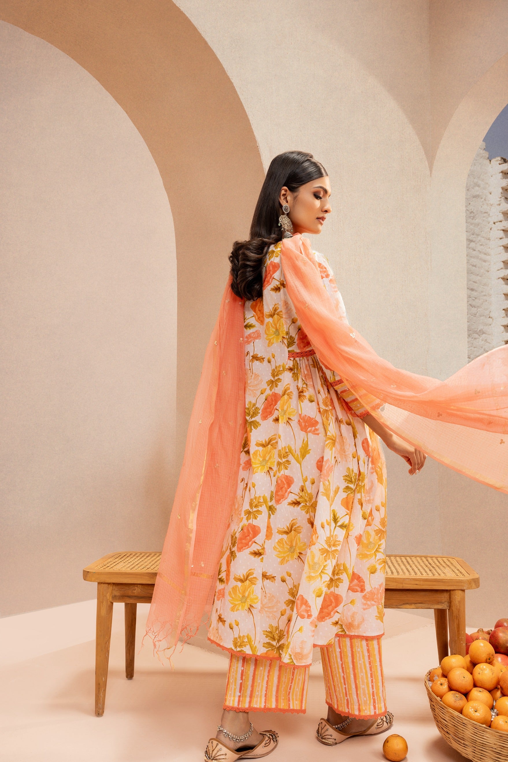 HEER ORANGE FLORAL PRINTED COTTON DOBBY HANDCRAFTED KURTA SET