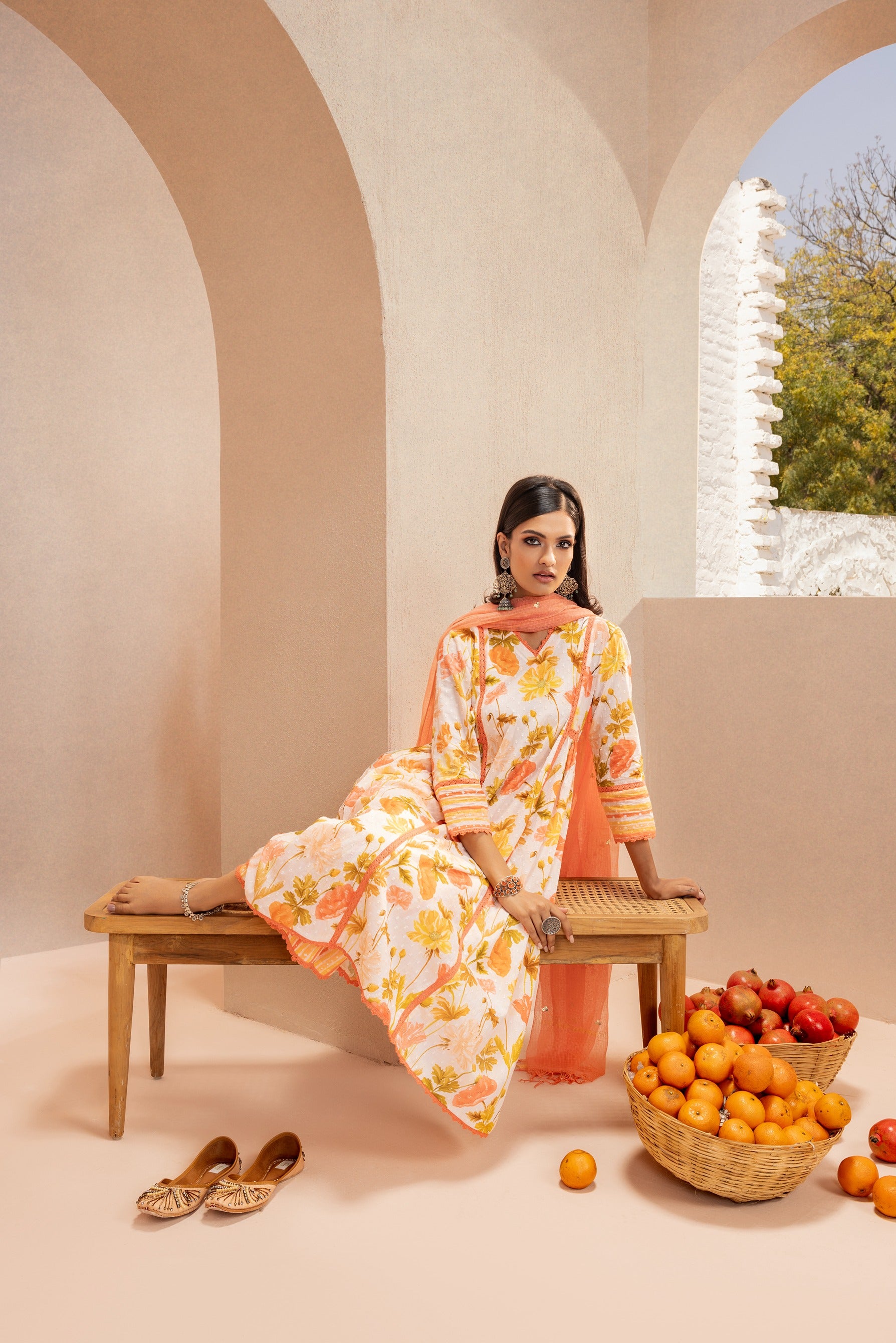 HEER ORANGE FLORAL PRINTED COTTON DOBBY HANDCRAFTED KURTA SET