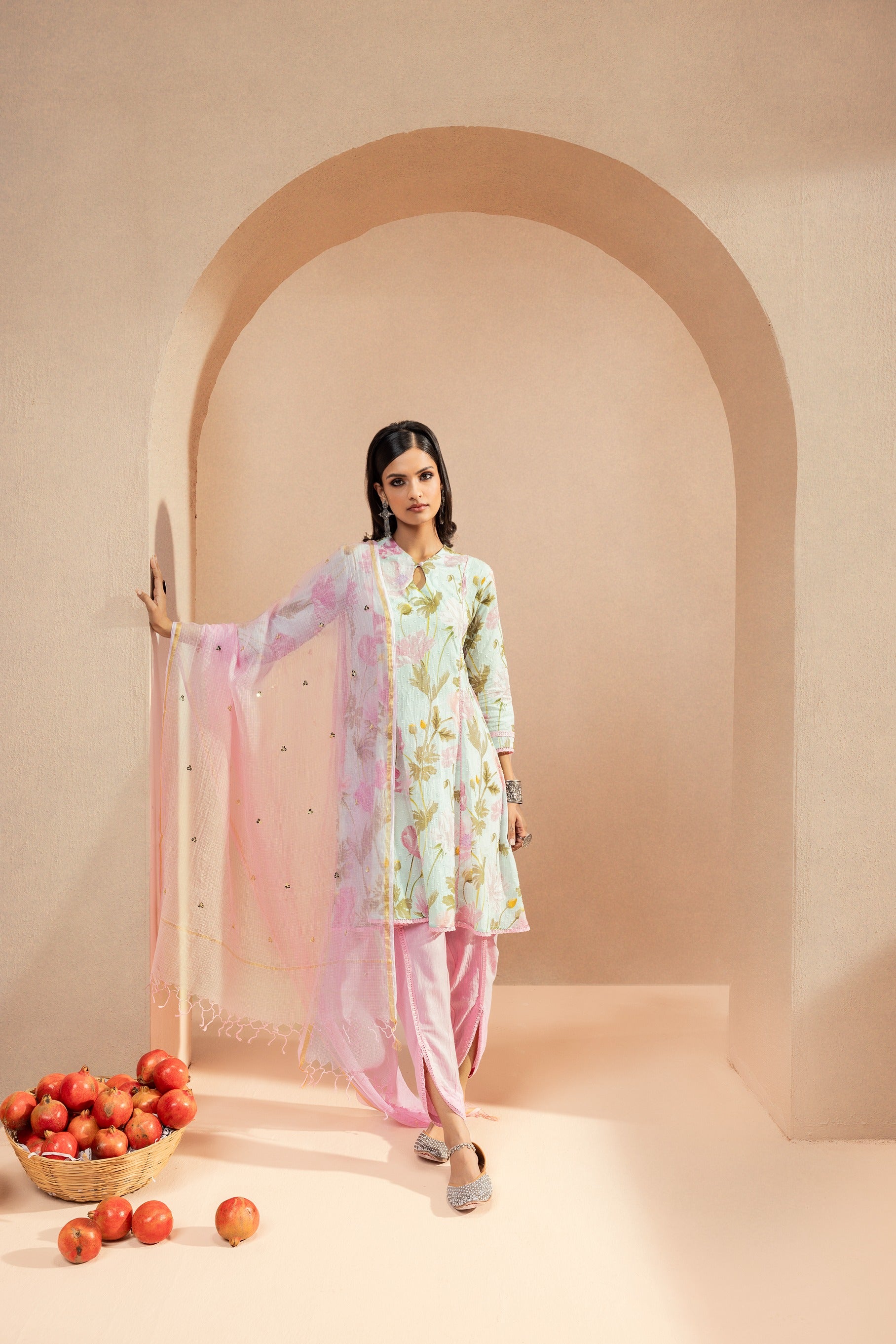 ZAHUR BLUE FLORAL PRINTED COTTON DOBBY HANDCRAFTED KURTA SET (READY TO SHIP)