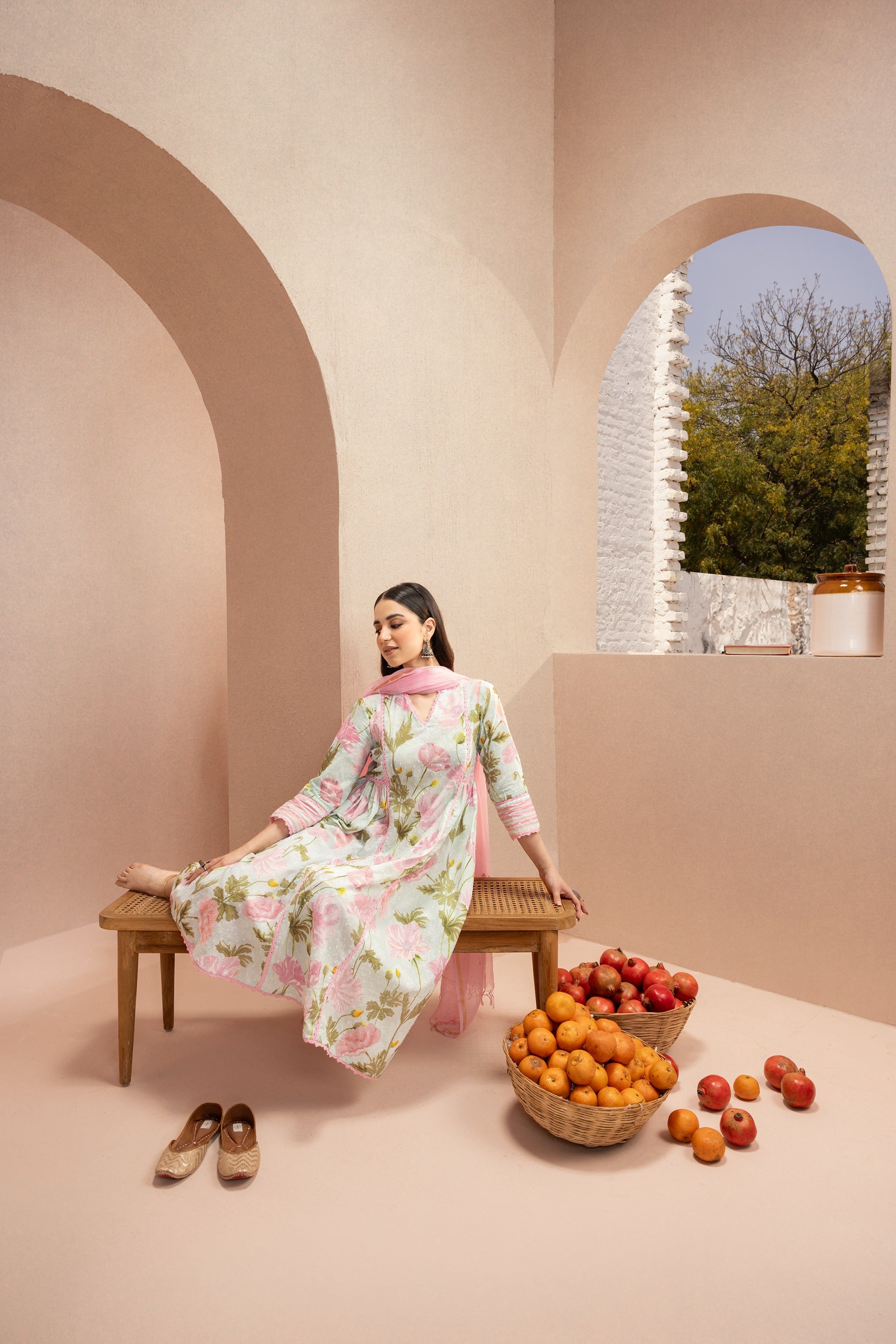 NIKI MEHRA IN HEER BLUE FLORAL PRINTED COTTON DOBBY HANDCRFATED KURTA SET