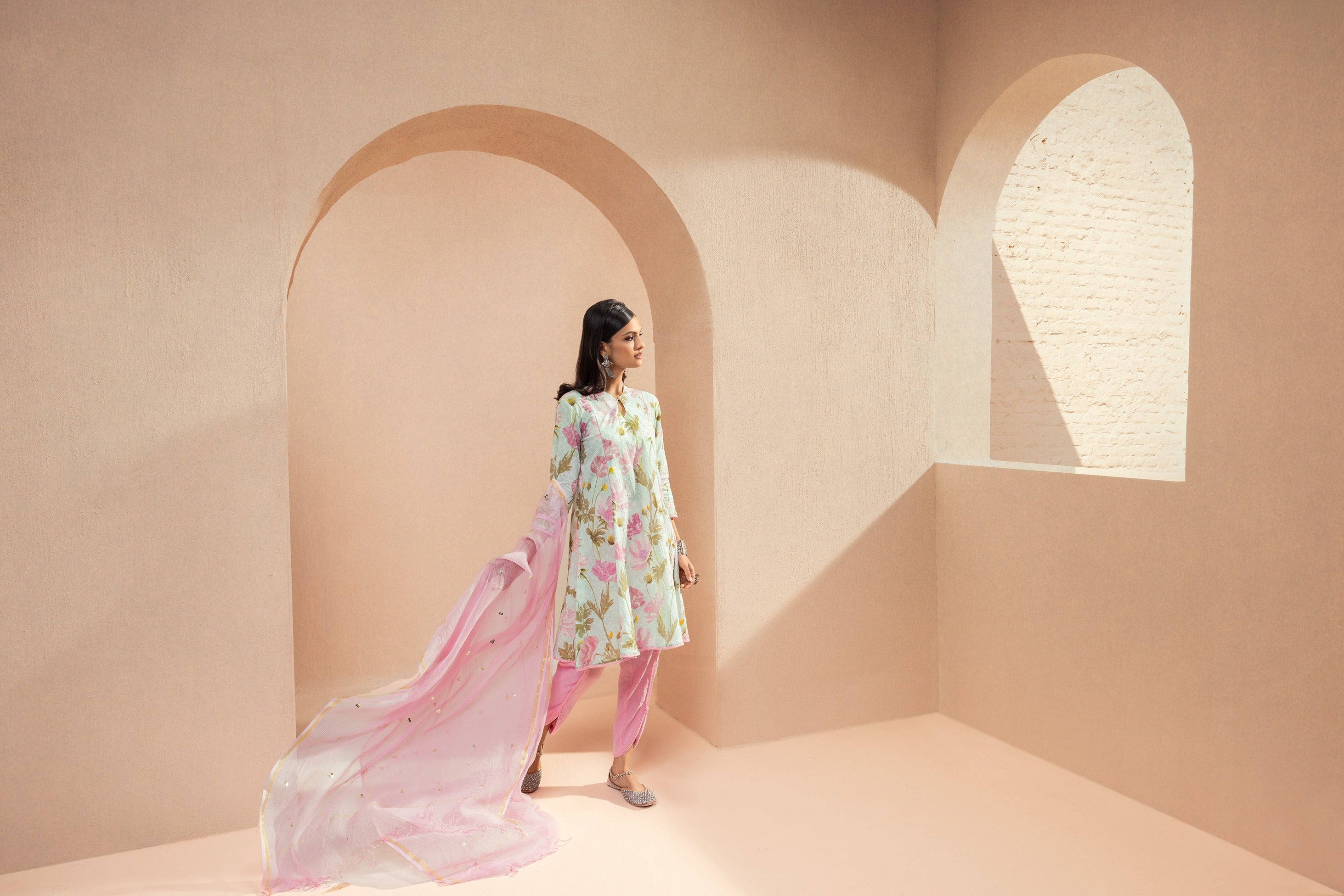 ZAHUR BLUE FLORAL PRINTED COTTON DOBBY HANDCRAFTED KURTA SET (READY TO SHIP)