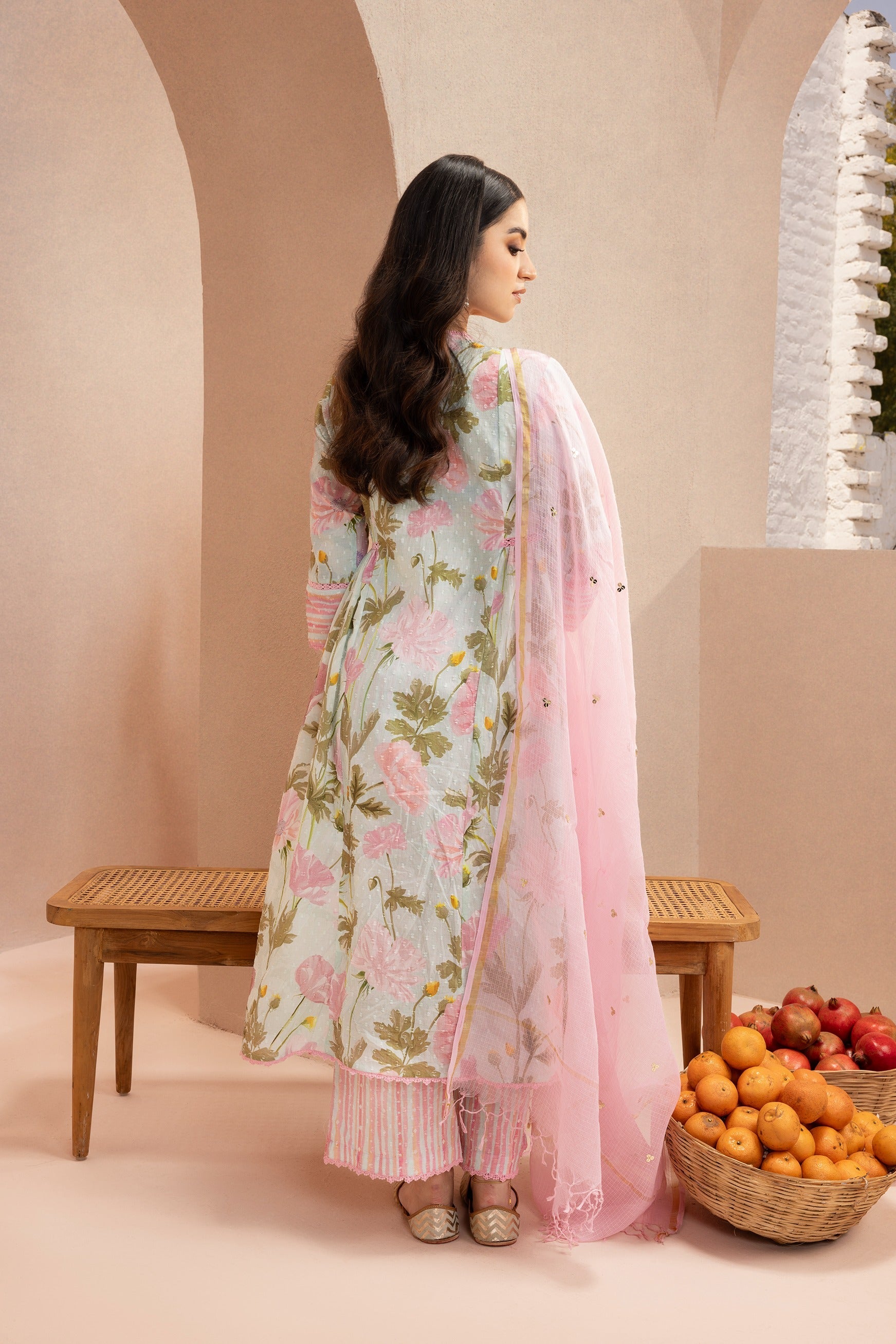 NIKI MEHRA IN HEER BLUE FLORAL PRINTED COTTON DOBBY HANDCRFATED KURTA SET