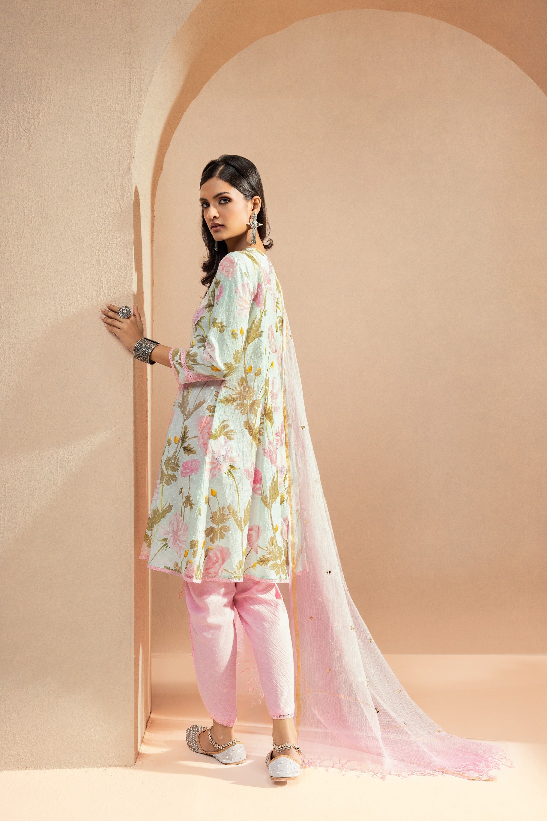 ZAHUR BLUE FLORAL PRINTED COTTON DOBBY HANDCRAFTED KURTA SET (READY TO SHIP)