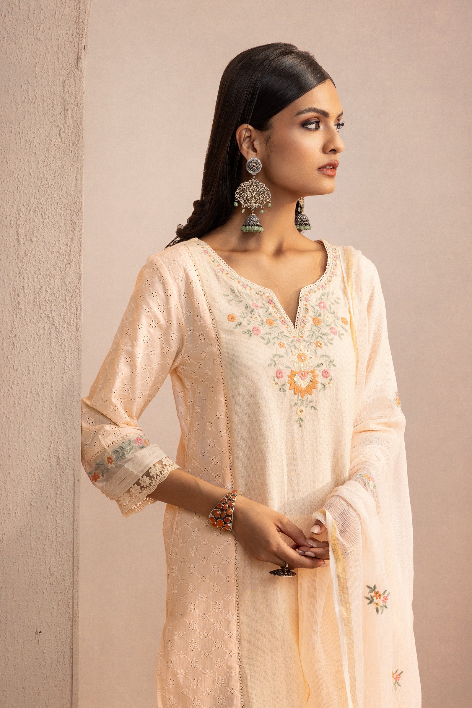 JASMINE PEACH SCHIFFLI EMBROIDERED COTTON DOBBY HANDCRAFTED KURTA SET