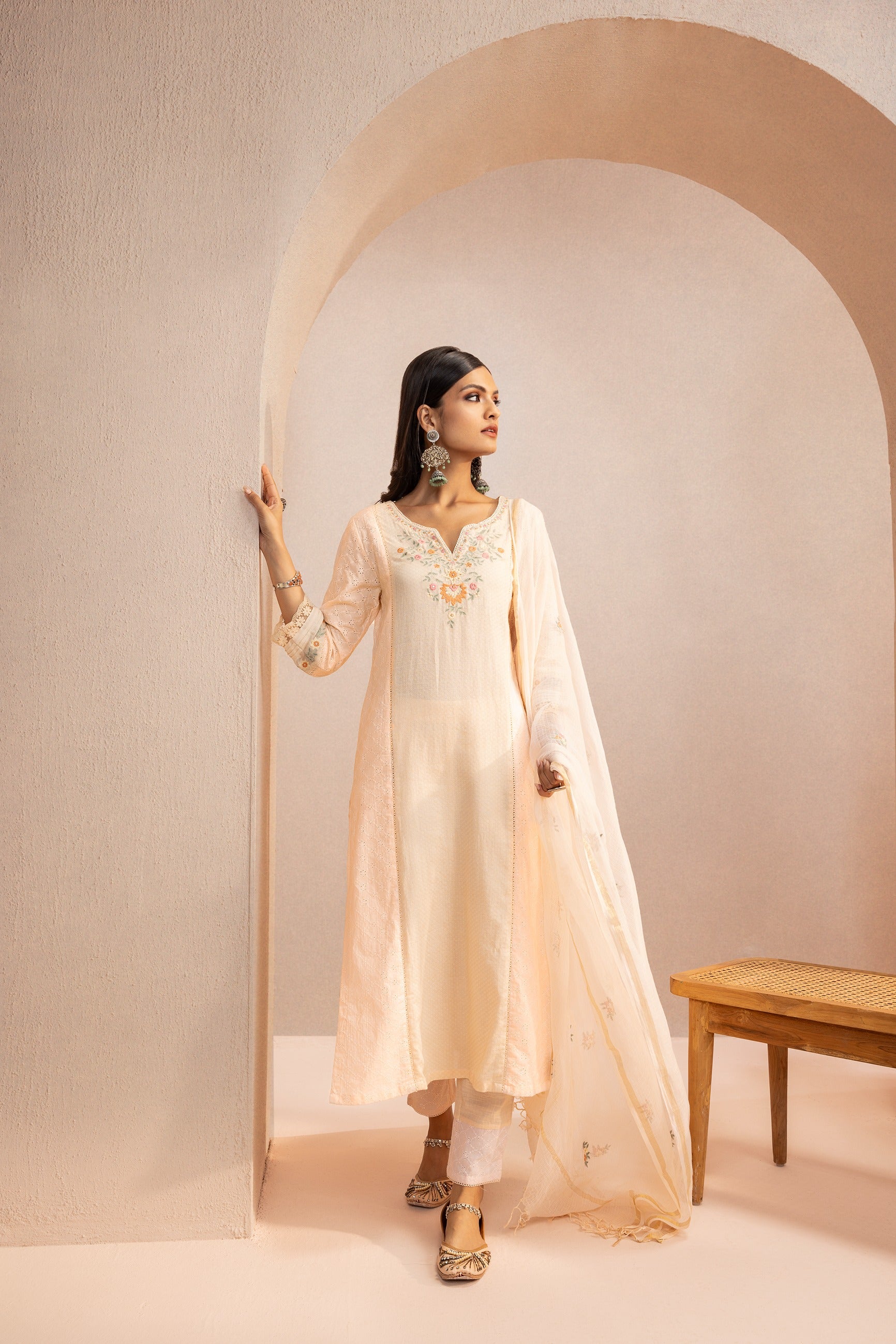JASMINE PEACH SCHIFFLI EMBROIDERED COTTON DOBBY HANDCRAFTED KURTA SET