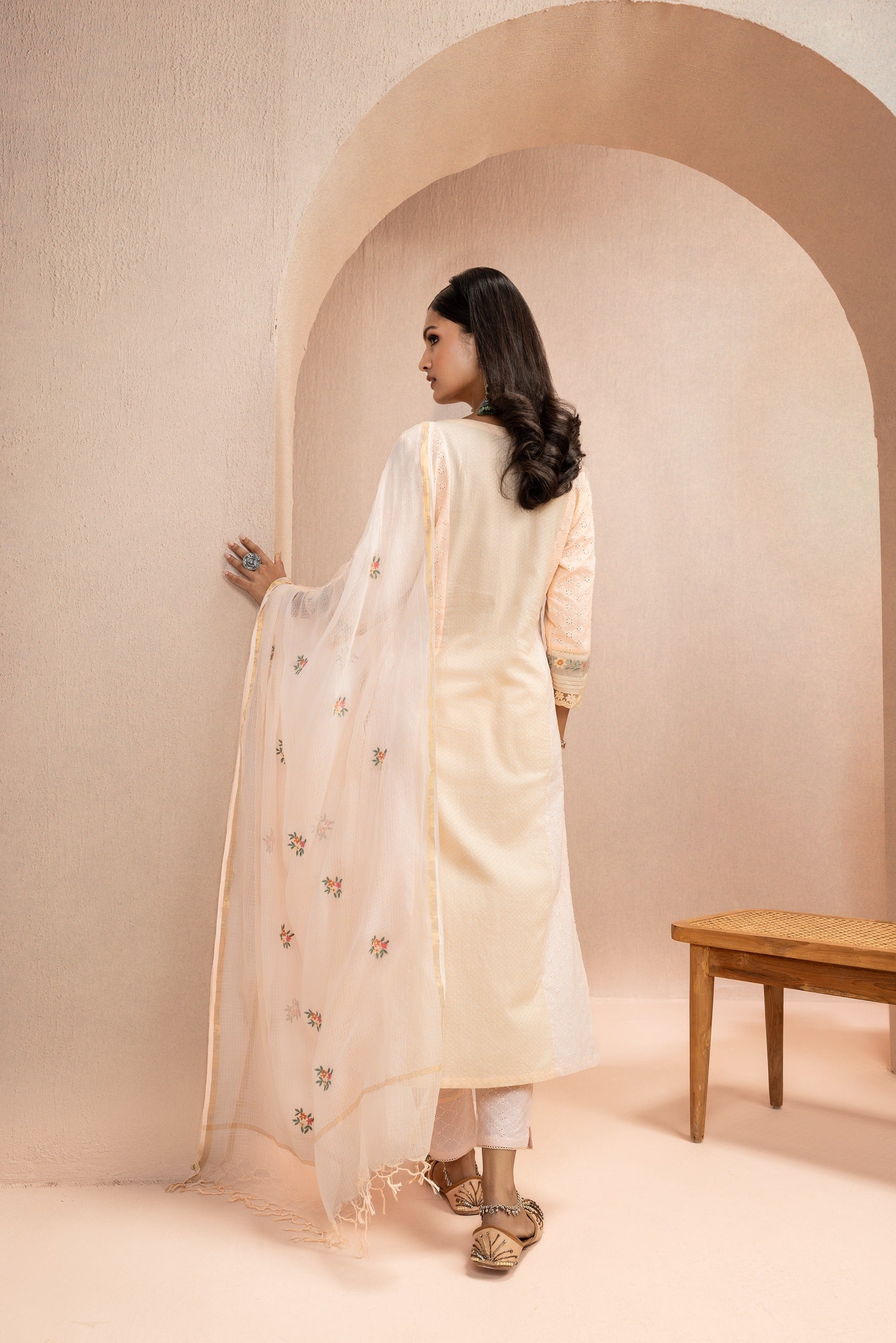JASMINE PEACH SCHIFFLI EMBROIDERED COTTON DOBBY HANDCRAFTED KURTA SET