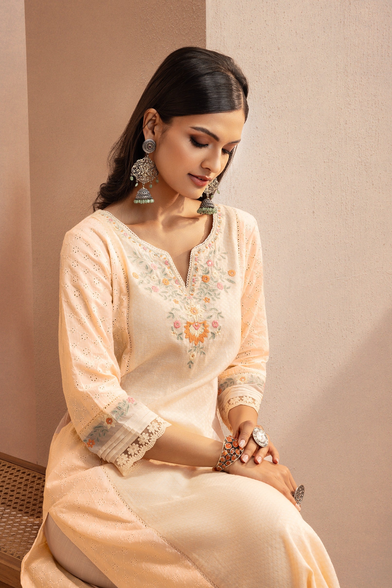 JASMINE PEACH SCHIFFLI EMBROIDERED COTTON DOBBY HANDCRAFTED KURTA SET