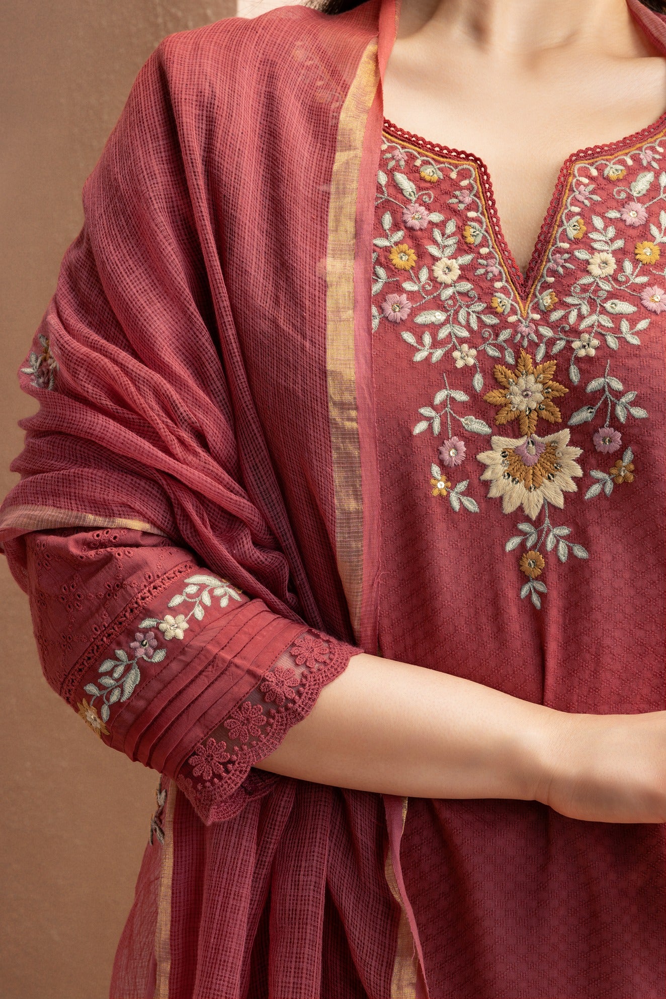 JASMINE RED SCHIFFLI EMBROIDERED COTTON DOBBY HANDCRAFTED KURTA SET