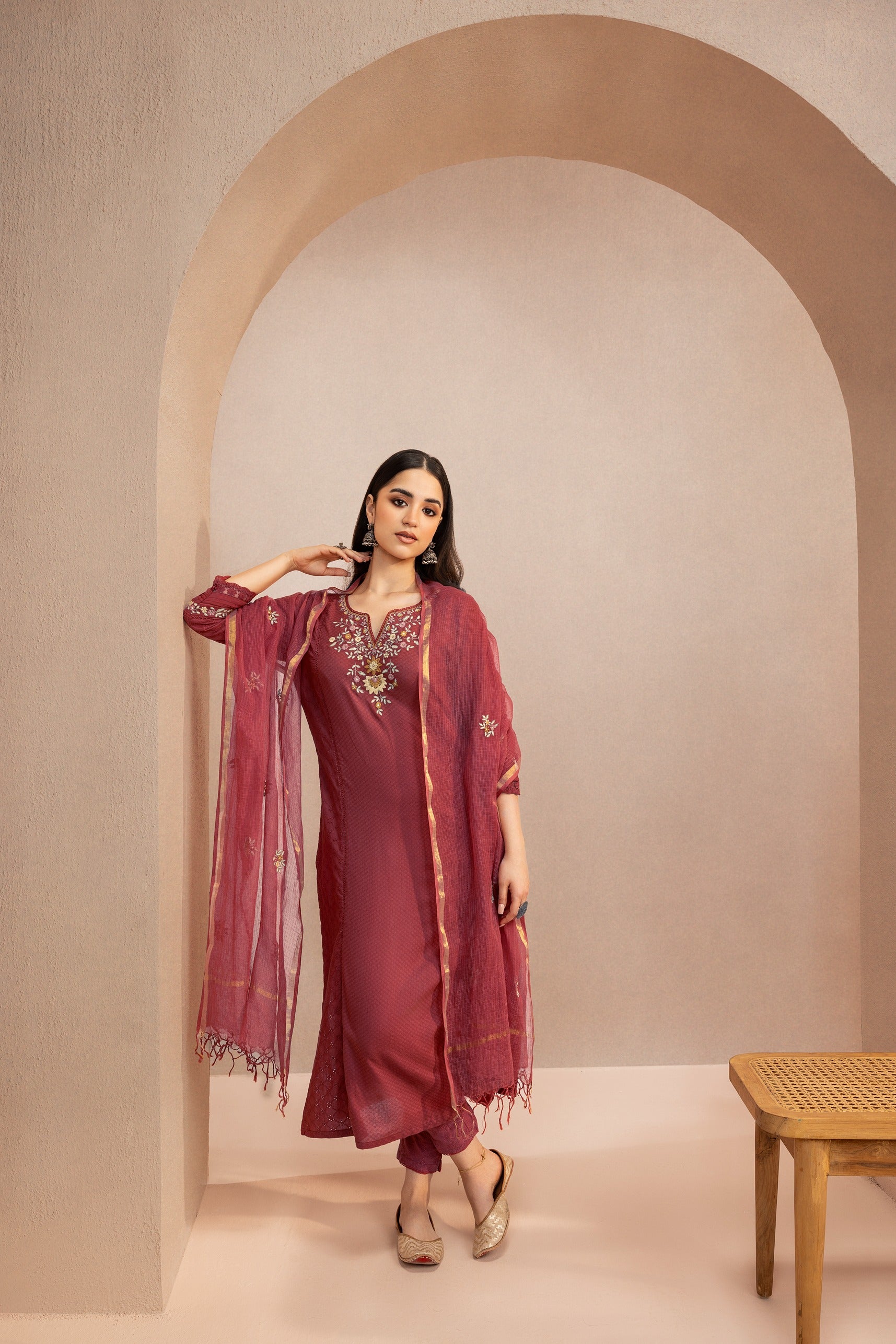 JASMINE RED SCHIFFLI EMBROIDERED COTTON DOBBY HANDCRAFTED KURTA SET