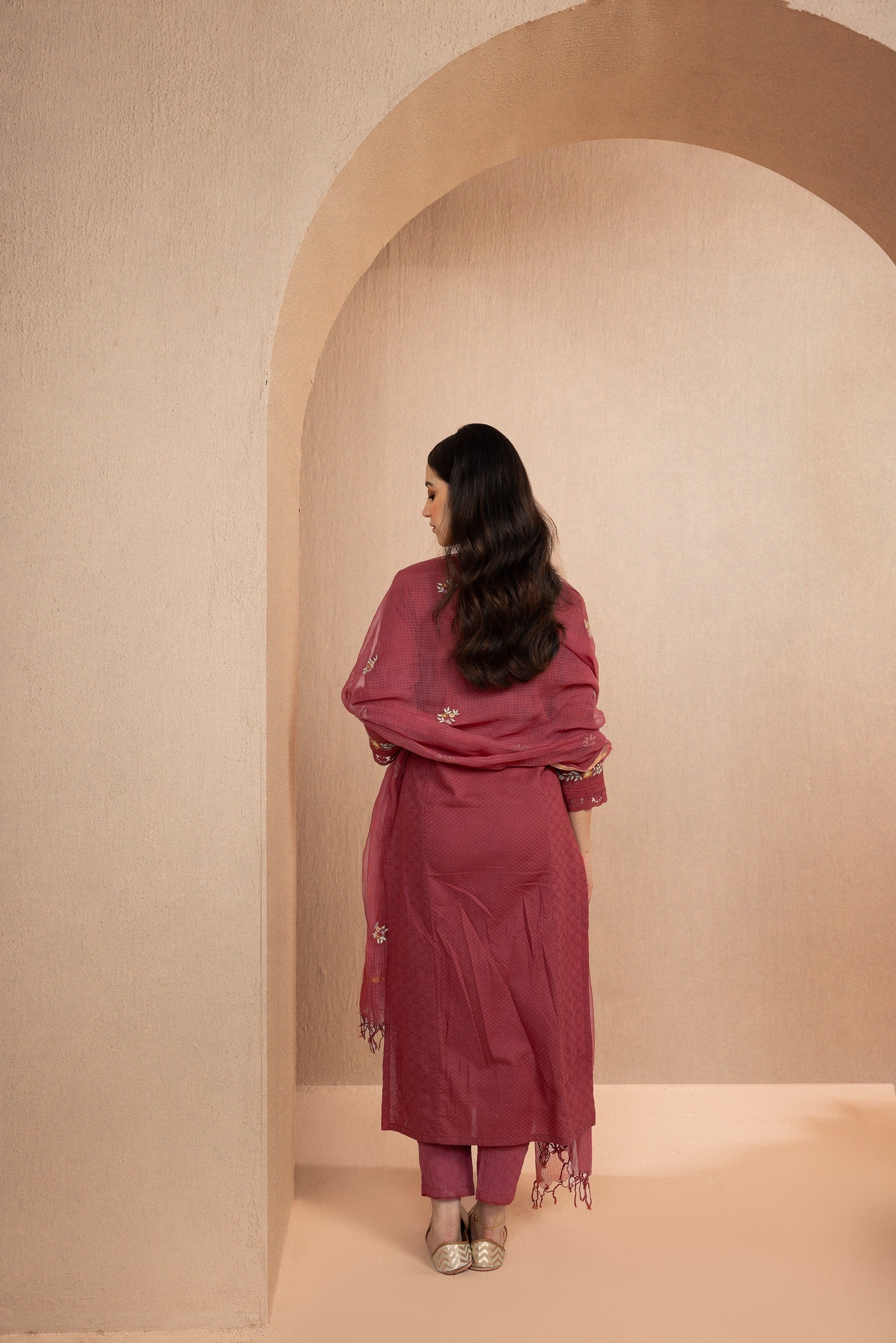 JASMINE RED SCHIFFLI EMBROIDERED COTTON DOBBY HANDCRAFTED KURTA SET