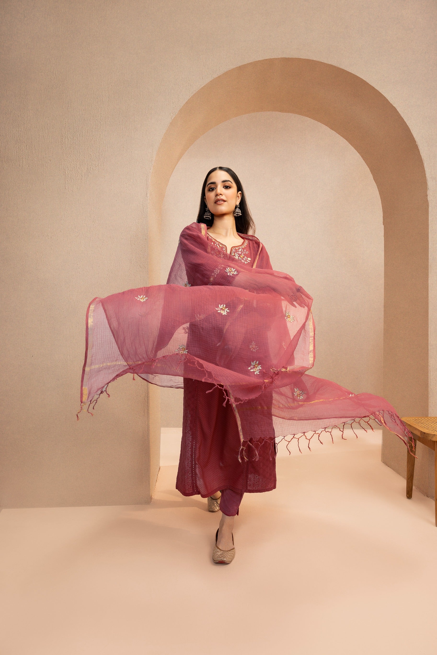 JASMINE RED SCHIFFLI EMBROIDERED COTTON DOBBY HANDCRAFTED KURTA SET