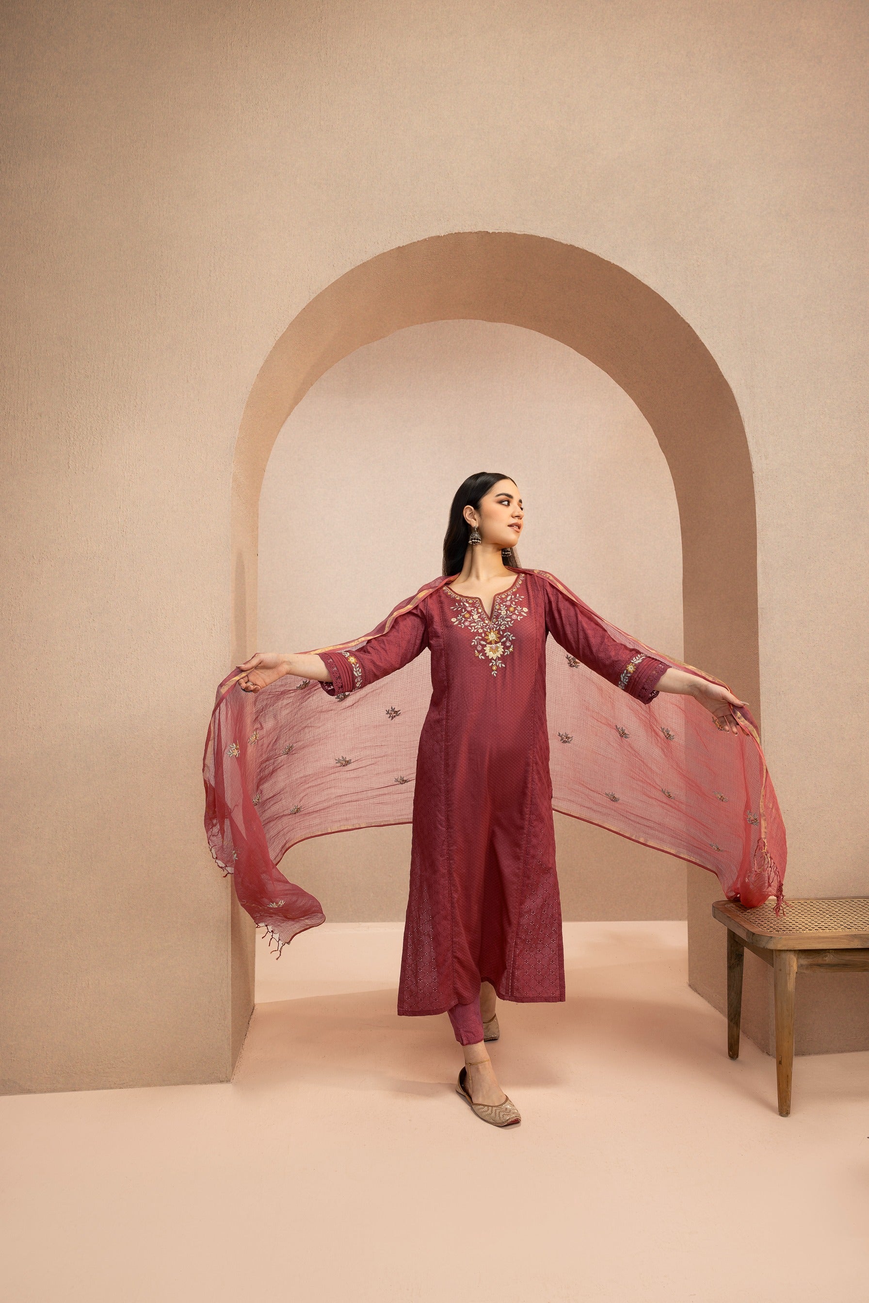 JASMINE RED SCHIFFLI EMBROIDERED COTTON DOBBY HANDCRAFTED KURTA SET