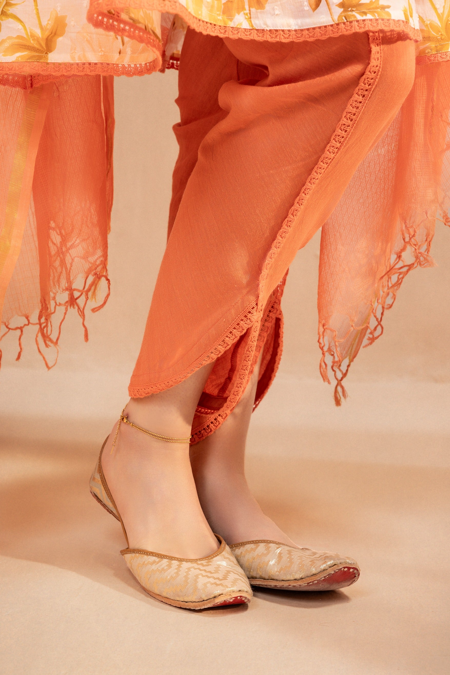 ZAHUR ORANGE FLORAL PRINTED COTTON DOBBY HANDCRAFTED KURTA SET (READY TO SHIP)