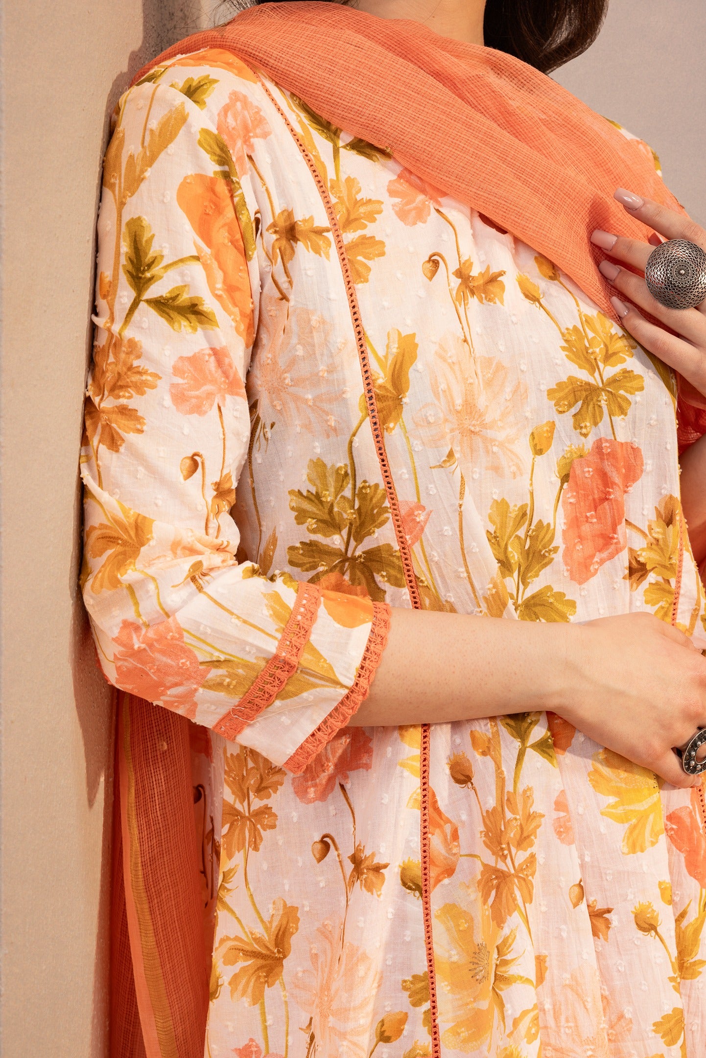 ZAHUR ORANGE FLORAL PRINTED COTTON DOBBY HANDCRAFTED KURTA SET (READY TO SHIP)