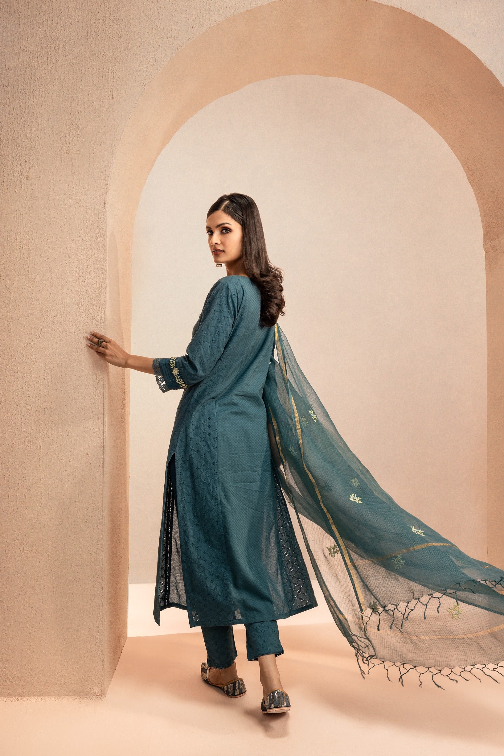 JASMINE TEAL SCHIFFLI EMBROIDERED COTTON DOBBY HANDCRAFTED KURTA SET (READY TO SHIP)