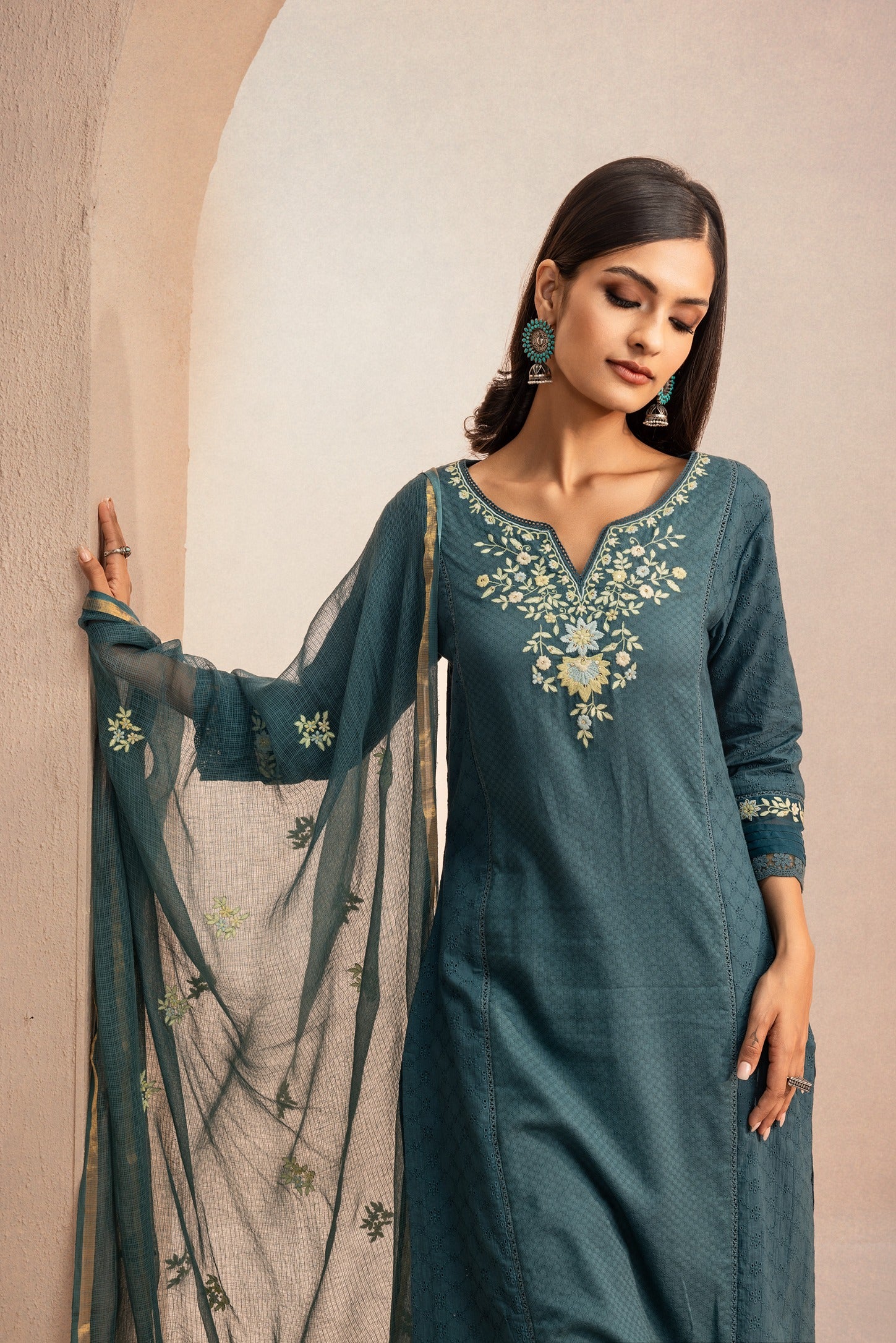 JASMINE TEAL SCHIFFLI EMBROIDERED COTTON DOBBY HANDCRAFTED KURTA SET (READY TO SHIP)