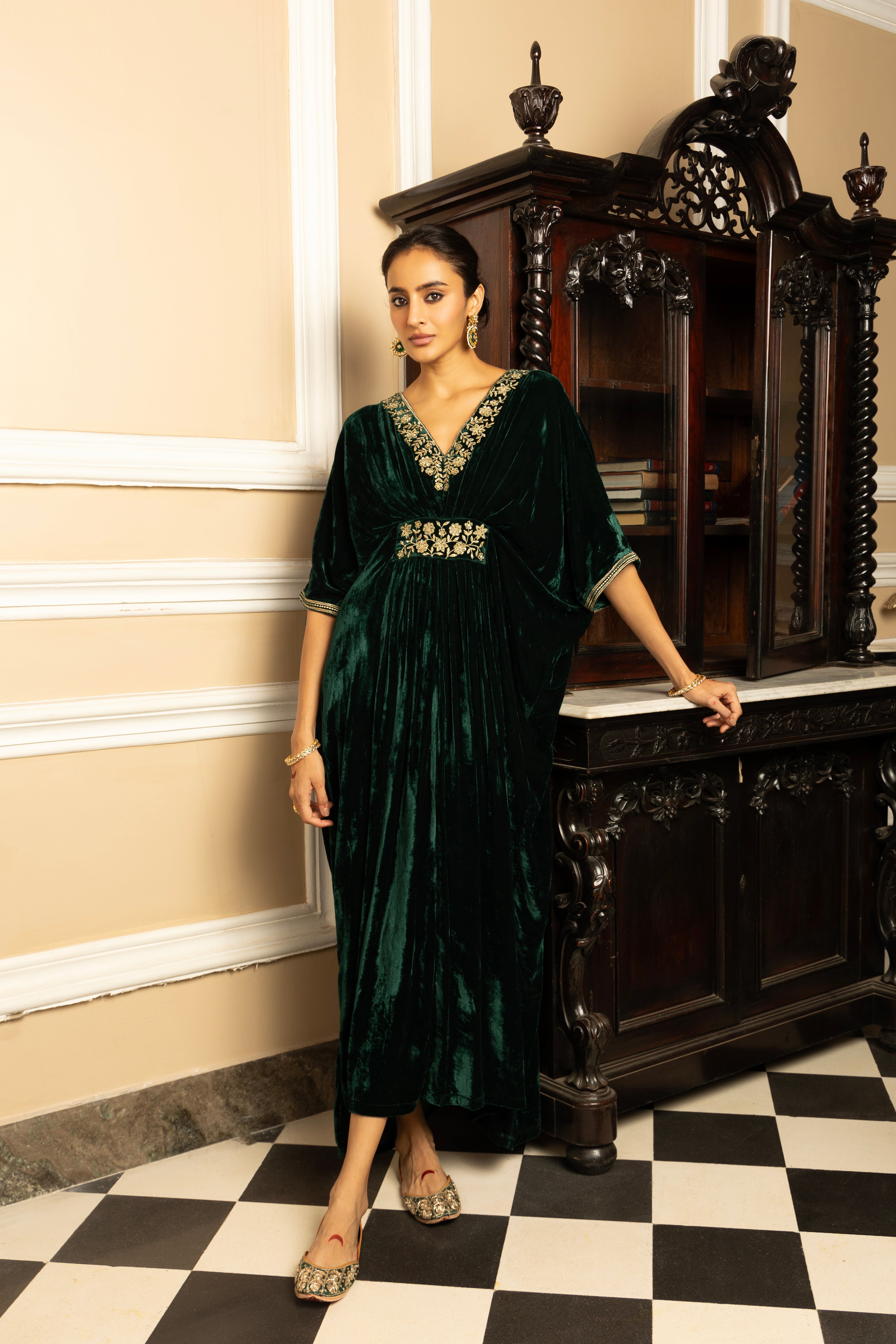 GULZAR GREEN SILK VELVET HANDCRAFTED KAFTAN