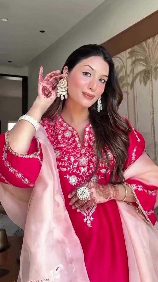 Annie Dhingra in Silk Chanderi Embroidered Ruby A-Line Choga Set