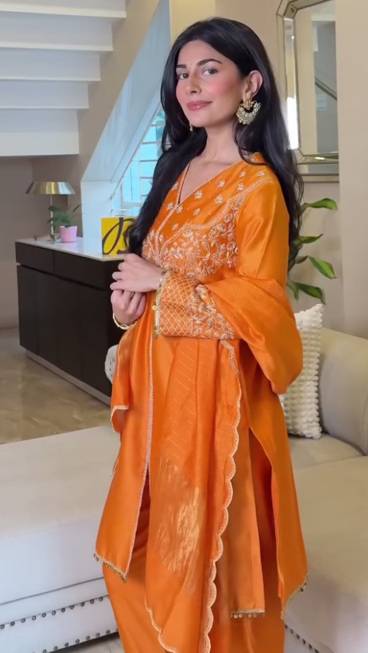 Radhica Diwan in Falak Silk Chanderi Embroidered Orange Straight Kurta Set