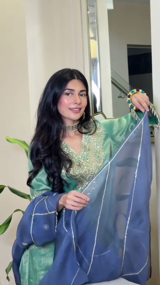 Radhica Diwan in Sultana Tissue Embroidered Emerald Green High-Low Kurta Set